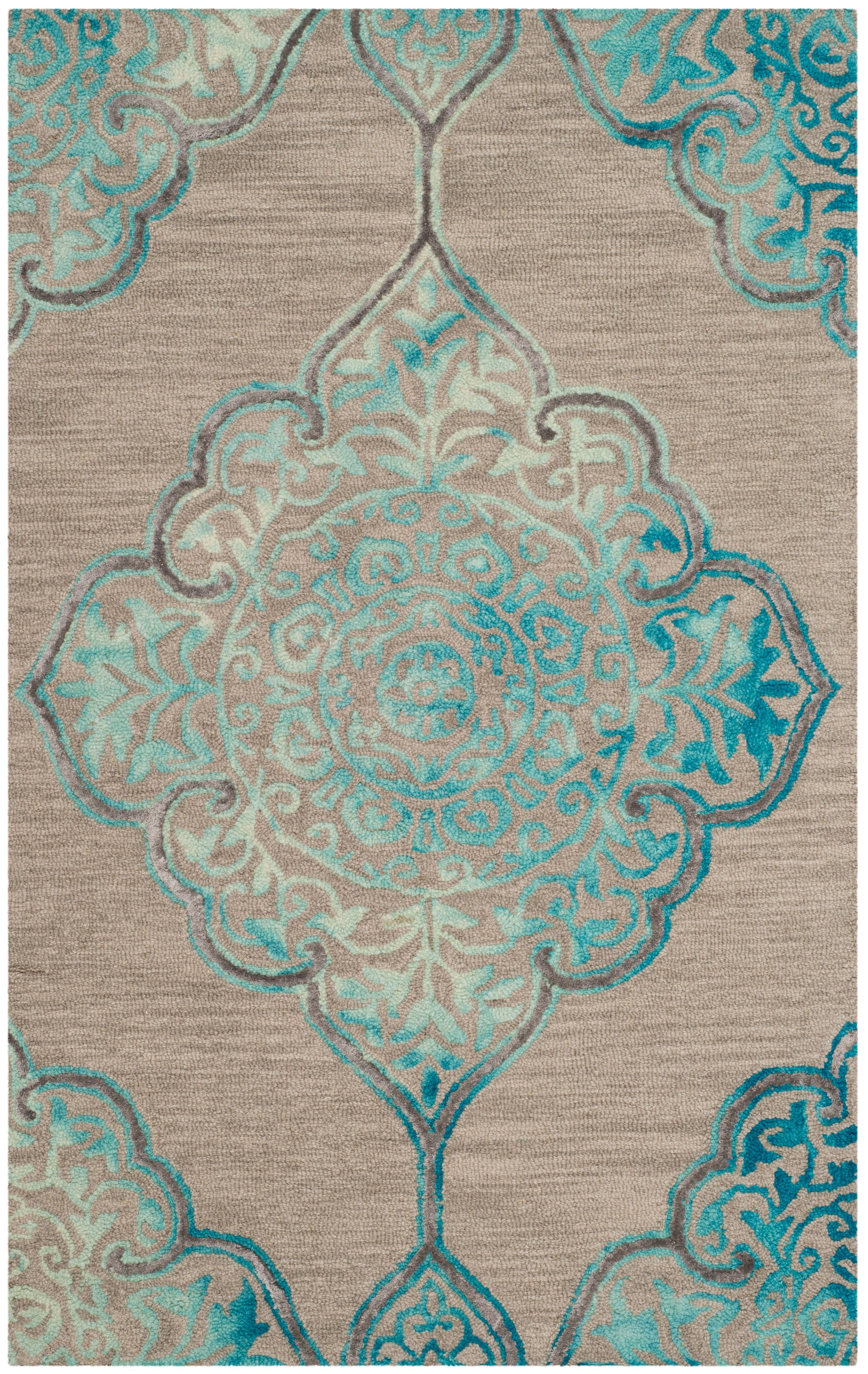 Handmade Tufted Floral Grey & Turquoise Wool-Silk Round Accent Rug
