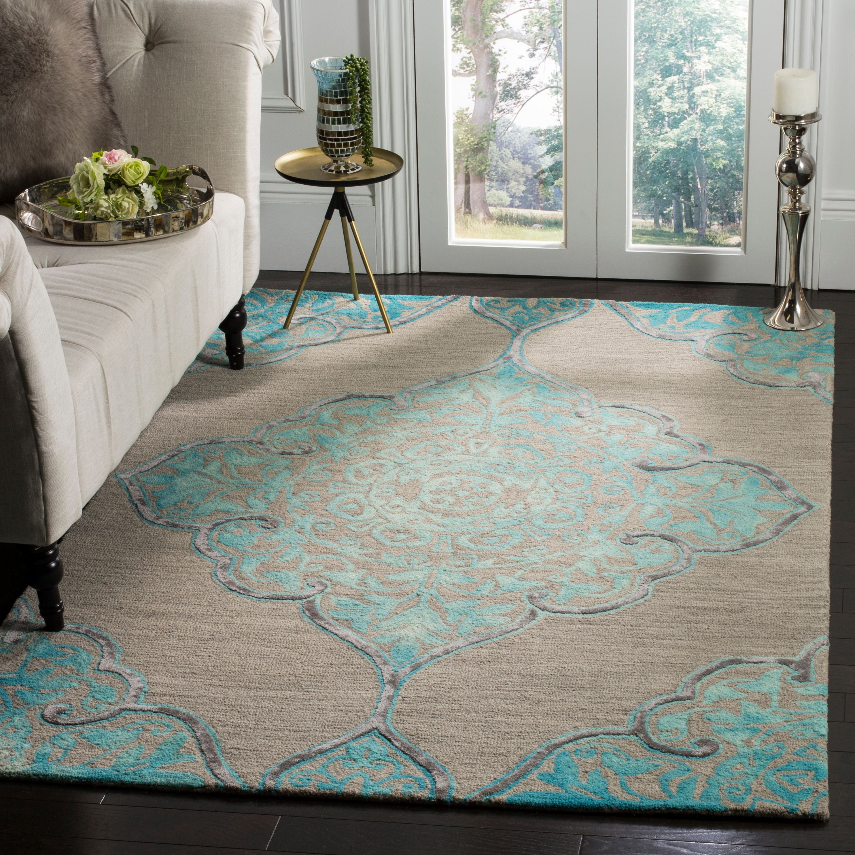 SAFAVIEH Dip Dye Peregrine Floral Wool Area Rug, Grey/Turquoise, 4' x 6
