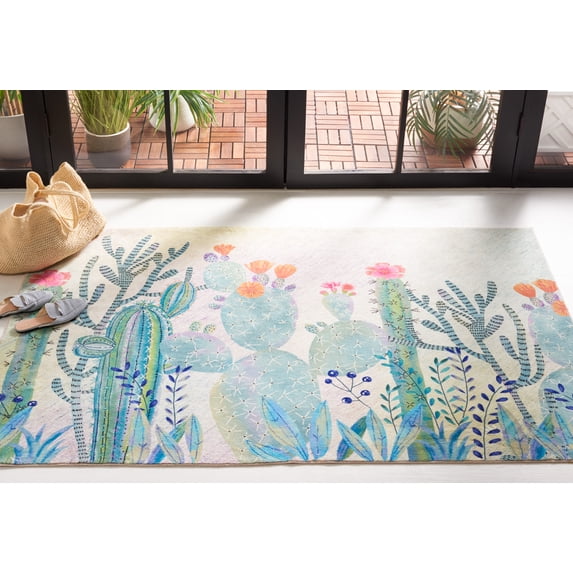 Safavieh Door And Kitchen Mat Cailyn Floral Polyester Machine Washable Area Rug, Fuchsia/Turquoise, 4' x 6'