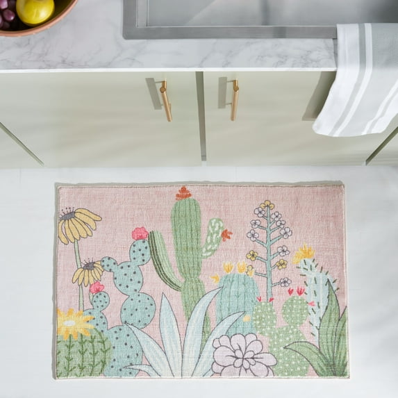 Safavieh Door And Kitchen Mat Dayna Floral Polyester Machine Washable Area Rug, Pink/Green, 2'3" x 3'9"