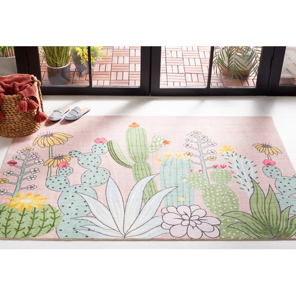Safavieh Door And Kitchen Mat Dayna Floral Polyester Machine Washable Area Rug, Pink/Green, 4' x 6'