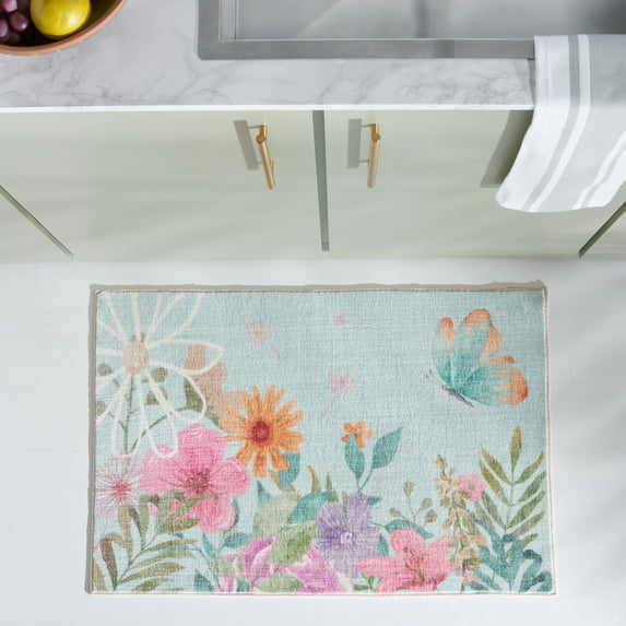Safavieh Door And Kitchen Mat Emerson Floral Polyester Machine Washable Area Rug, Aqua/Pink, 2'3" x 3'9"