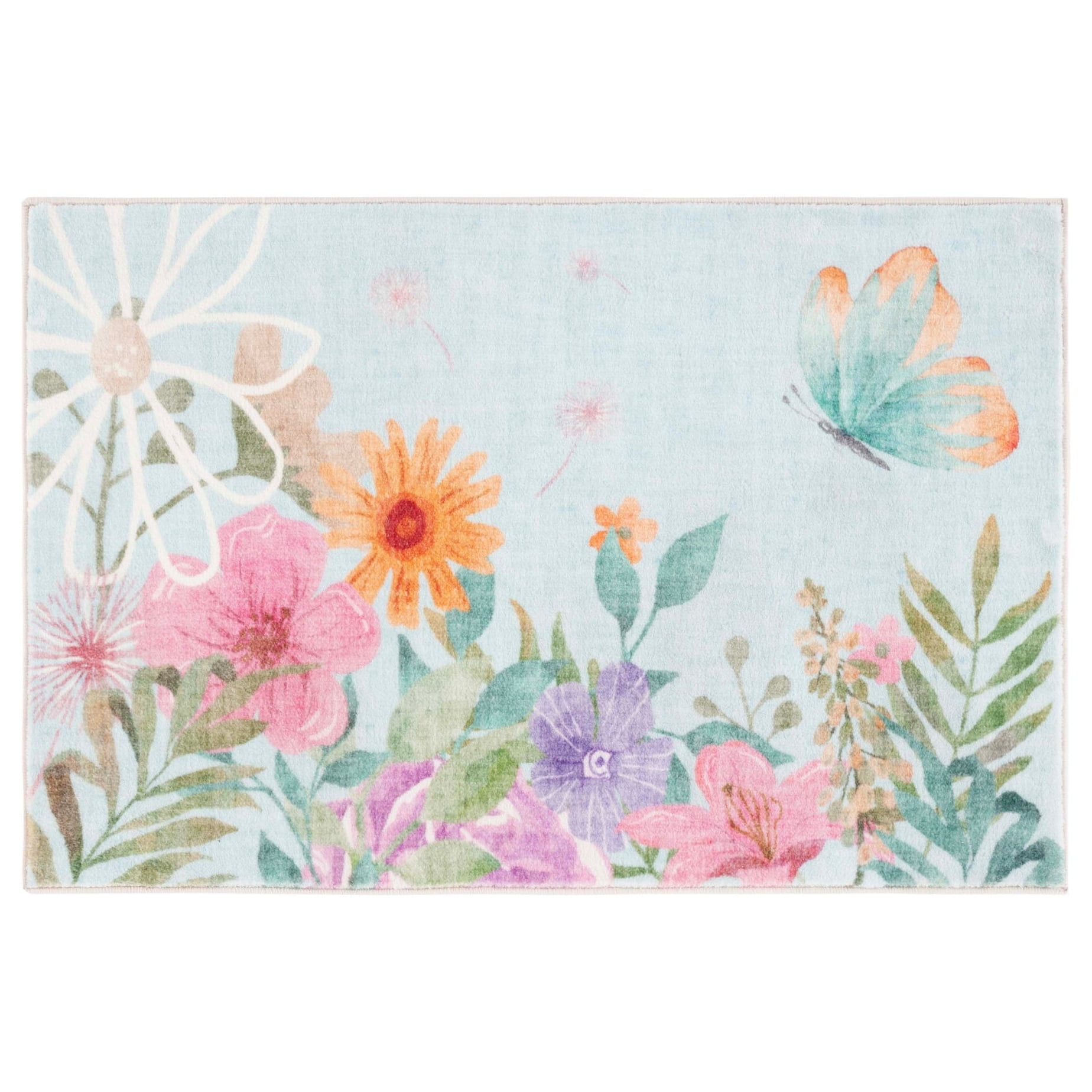 Aqua and Pink Floral Synthetic Washable Rectangular Rug