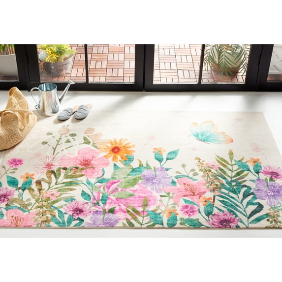 Safavieh Door And Kitchen Mat Emerson Floral Polyester Machine Washable Area Rug, Ivory/Pink, 4' x 6'