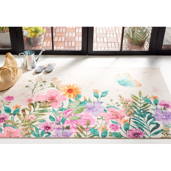 Safavieh Door And Kitchen Mat Emerson Floral Polyester Machine Washable Area Rug, Ivory/Pink, 4' x 6'