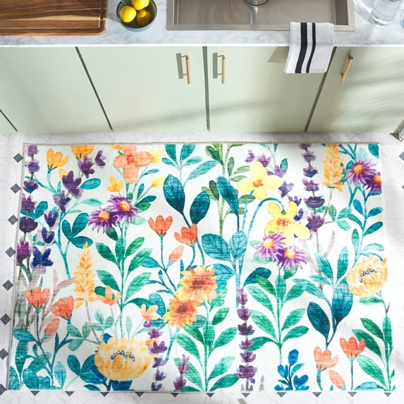 Safavieh Door and Kitchen Mat Driskoll Floral Machine Washable Area Rug, Ivory/Green, 4' x 6'