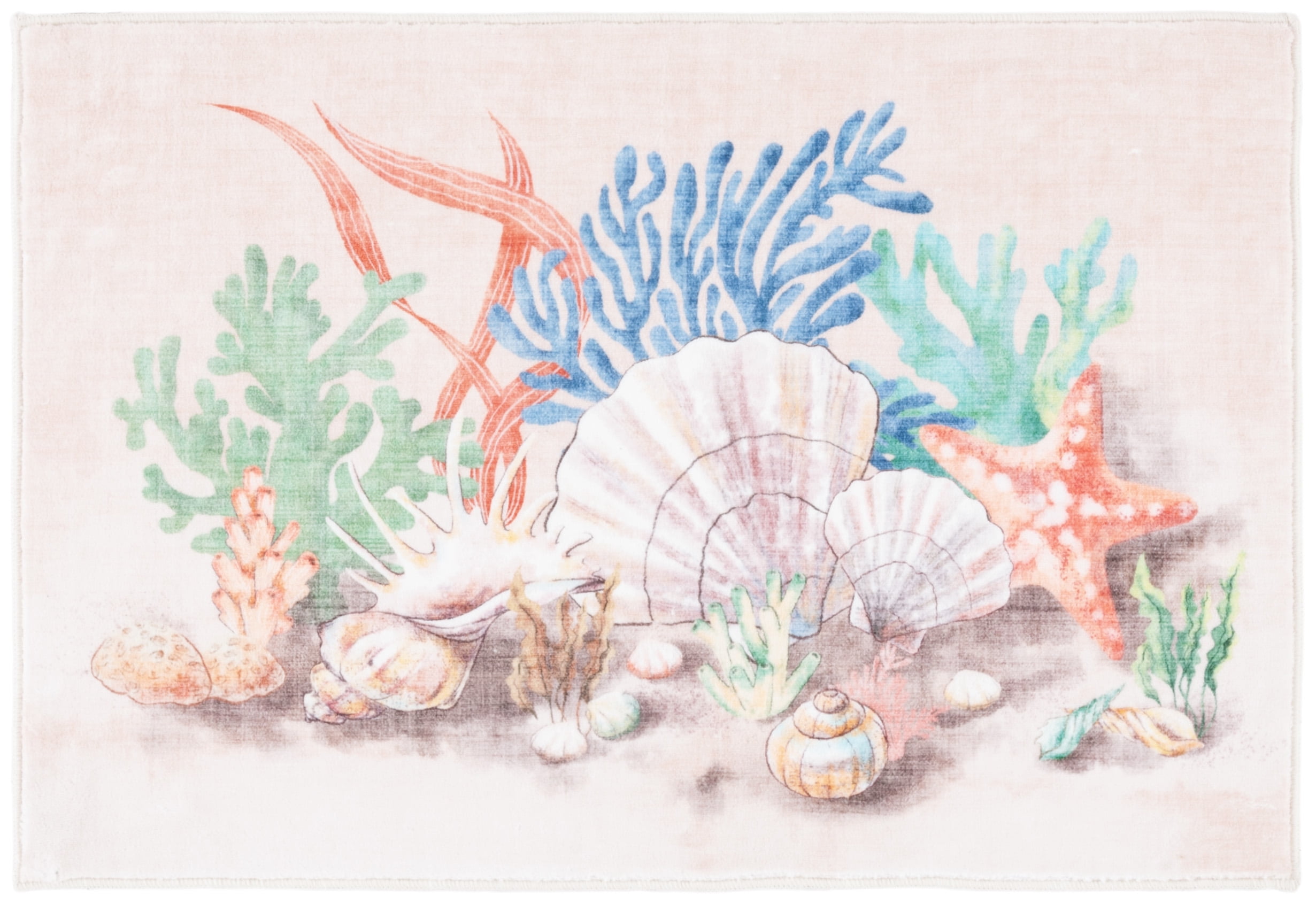 Coral Reef Design Peach and Green Polyester Washable Area Rug