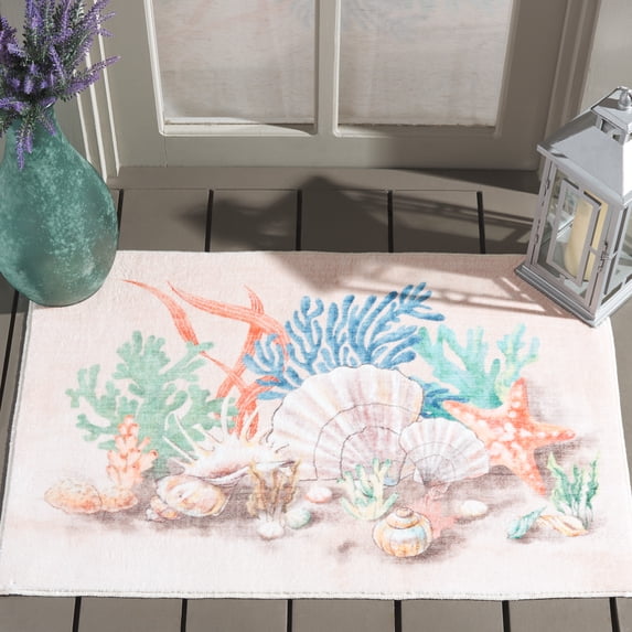 Safavieh Door and Kitchen Mat Gamal Coral Machine Washable Runner Rug, Peach/Green, 2'3" x 5'