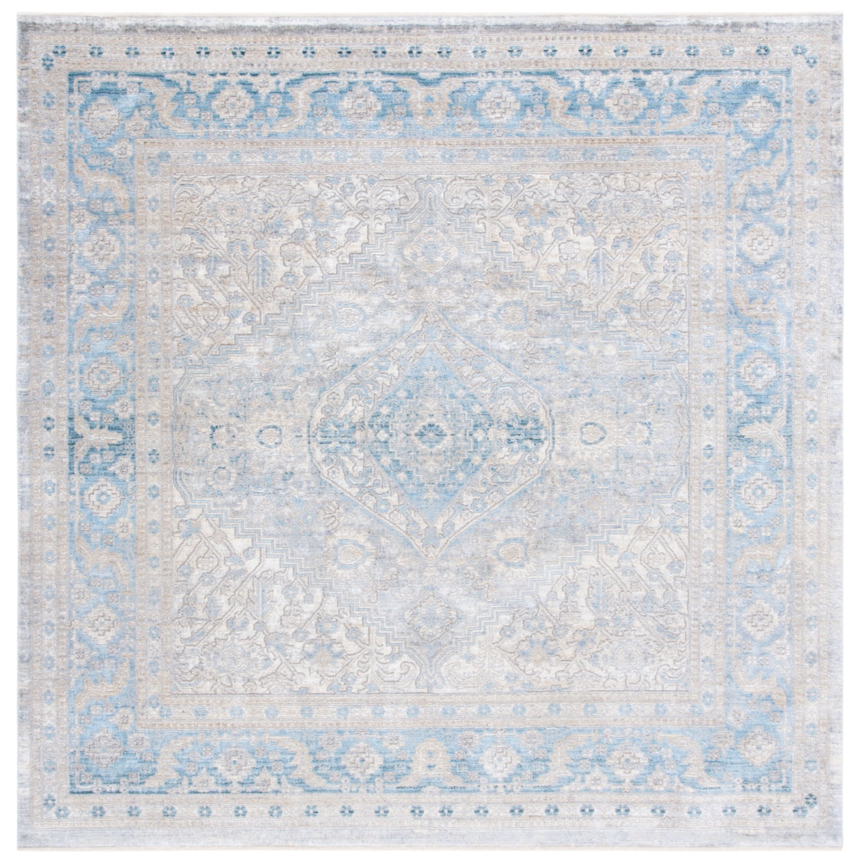 Grey and Blue Hand-Knotted Wool Square Area Rug