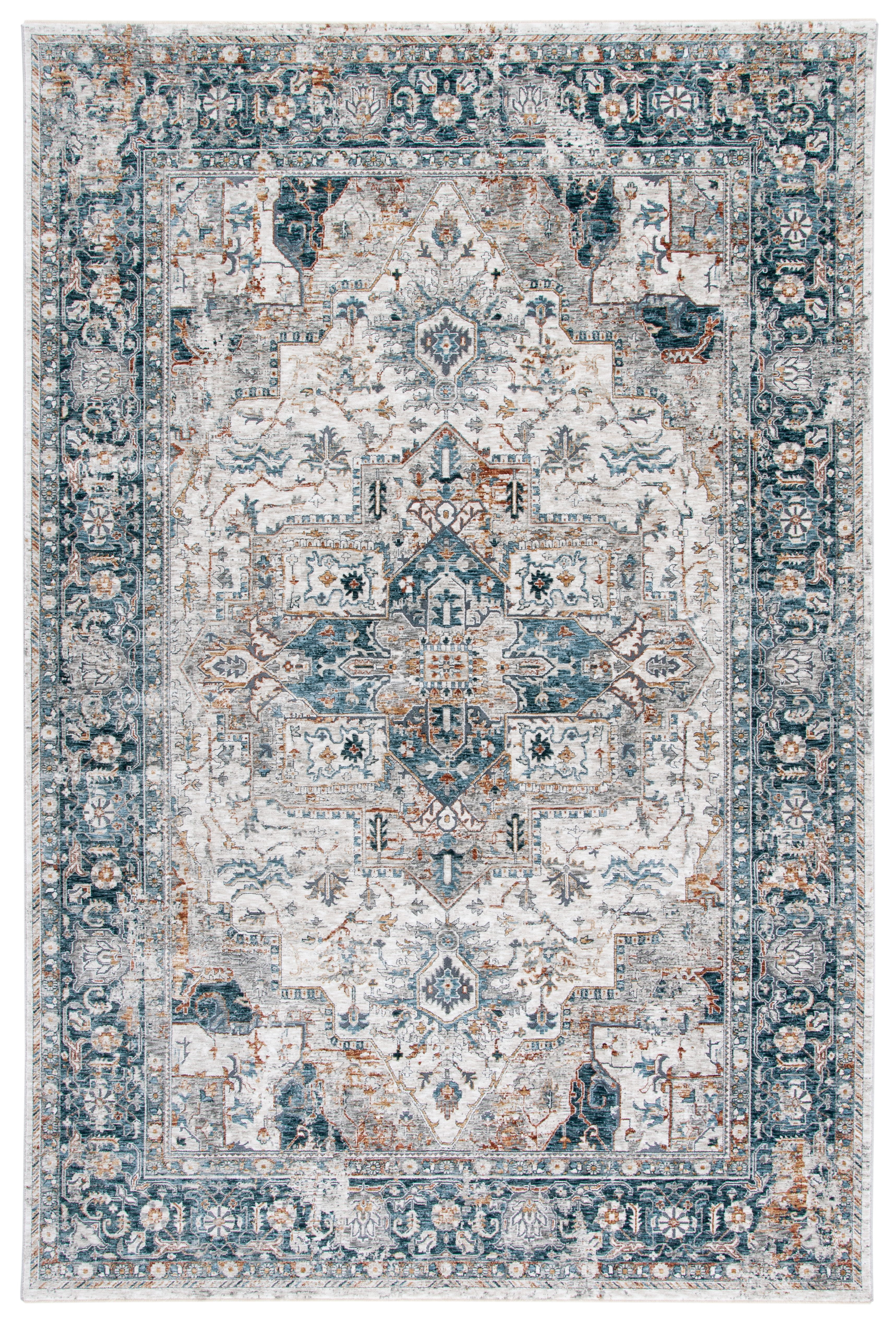Ivory and Light Blue Hand-Knotted Wool Area Rug 4' x 6'