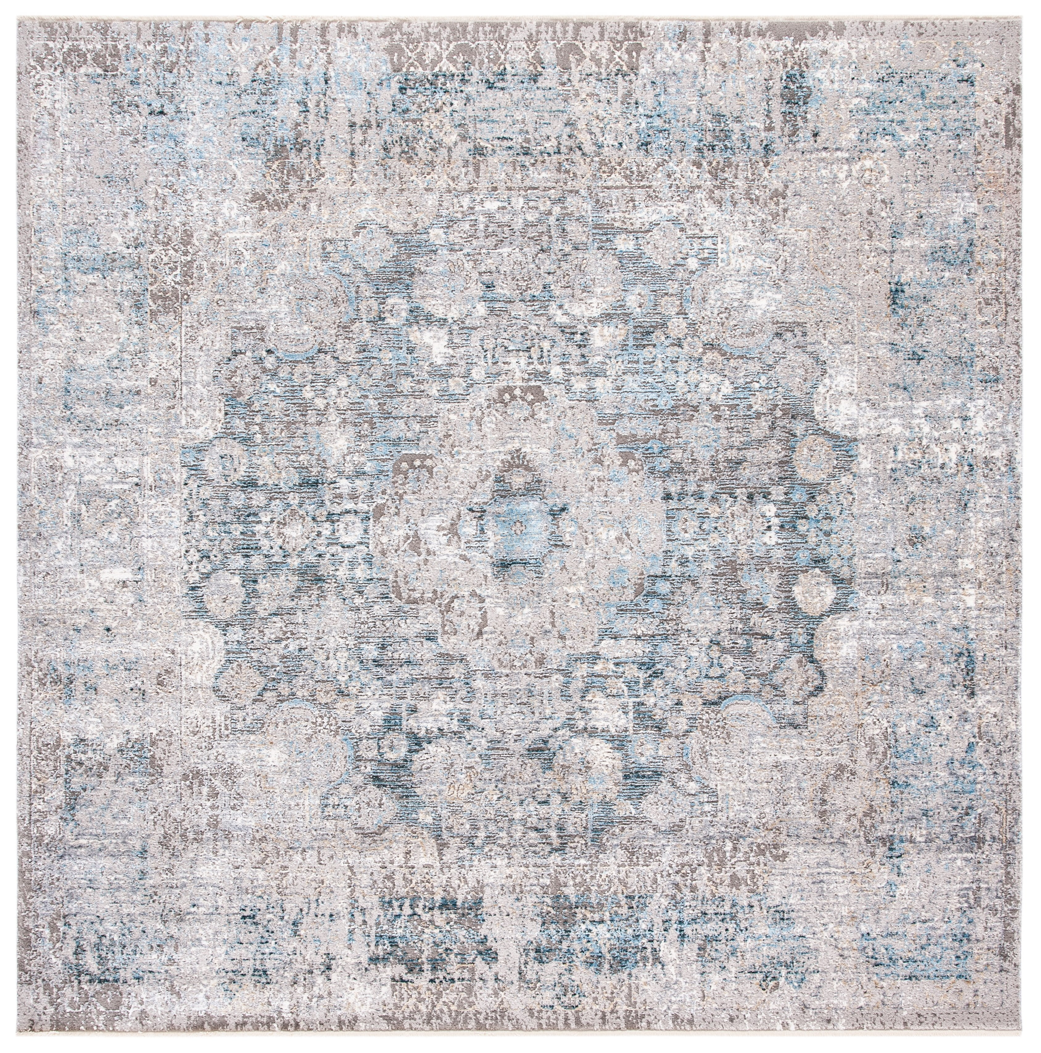 Gray and Blue Hand-Knotted Round Wool Area Rug