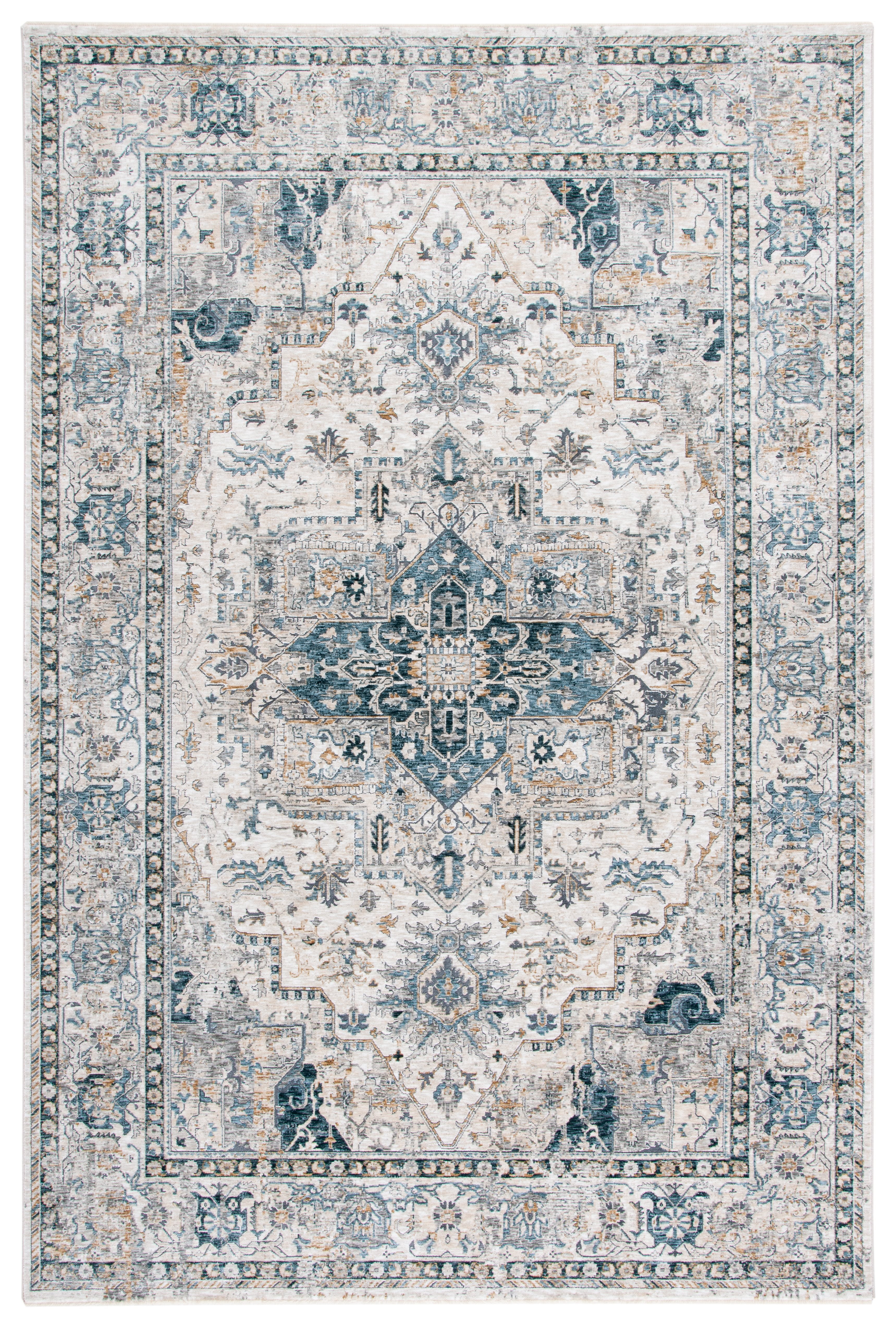 Ivory and Navy Hand-Knotted Rectangular Area Rug 4' x 6'