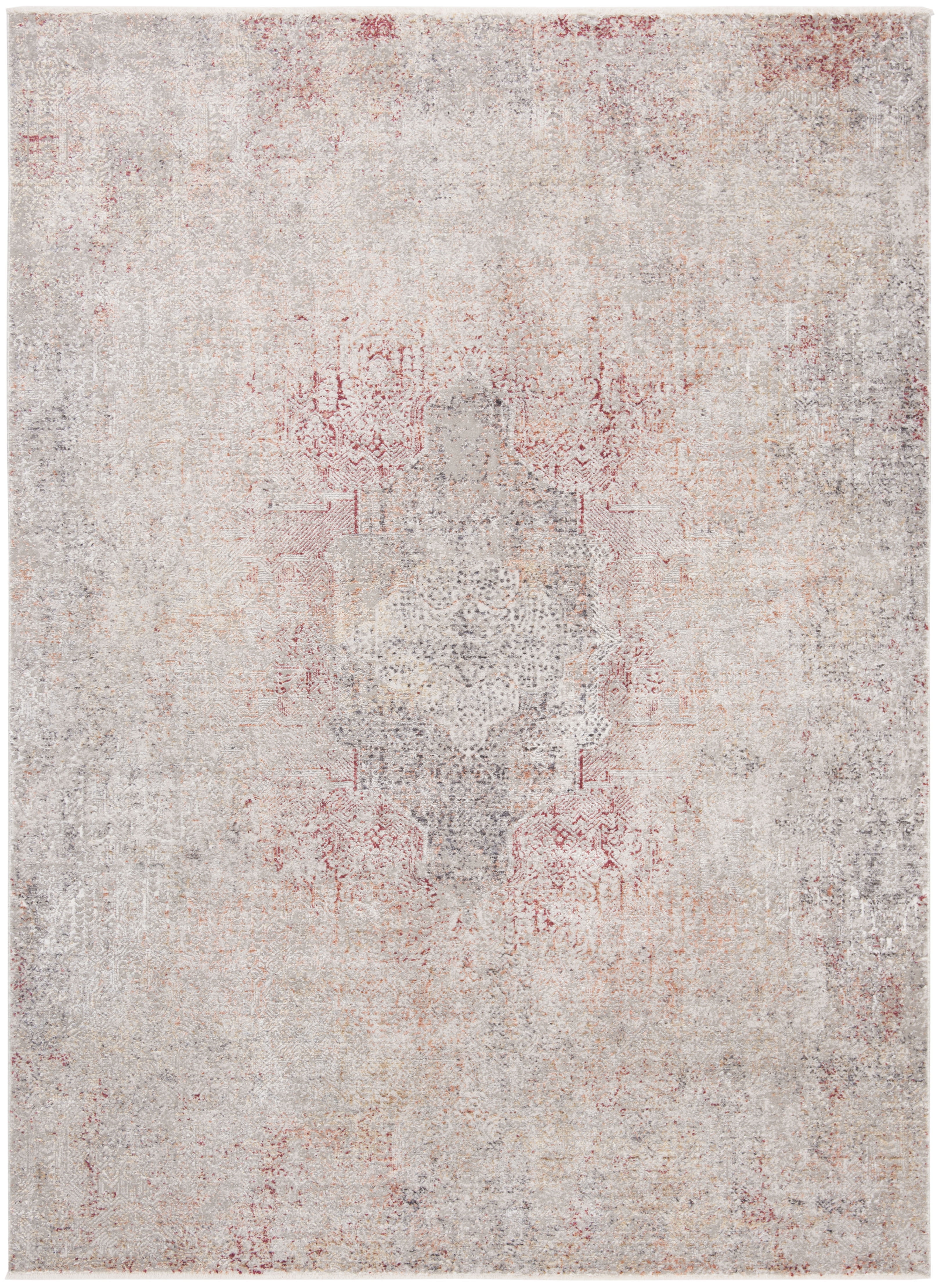 Gray and Red Hand-Knotted Wool and Viscose Area Rug
