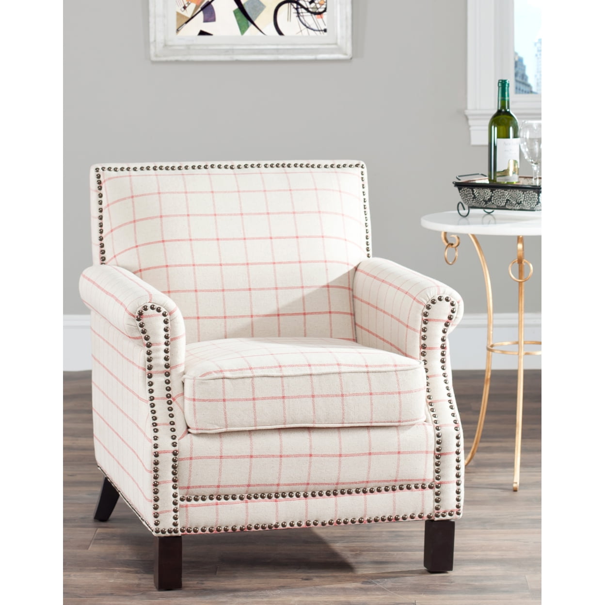 Contemporary Beige Wood Accent Chair with Nailhead Detail