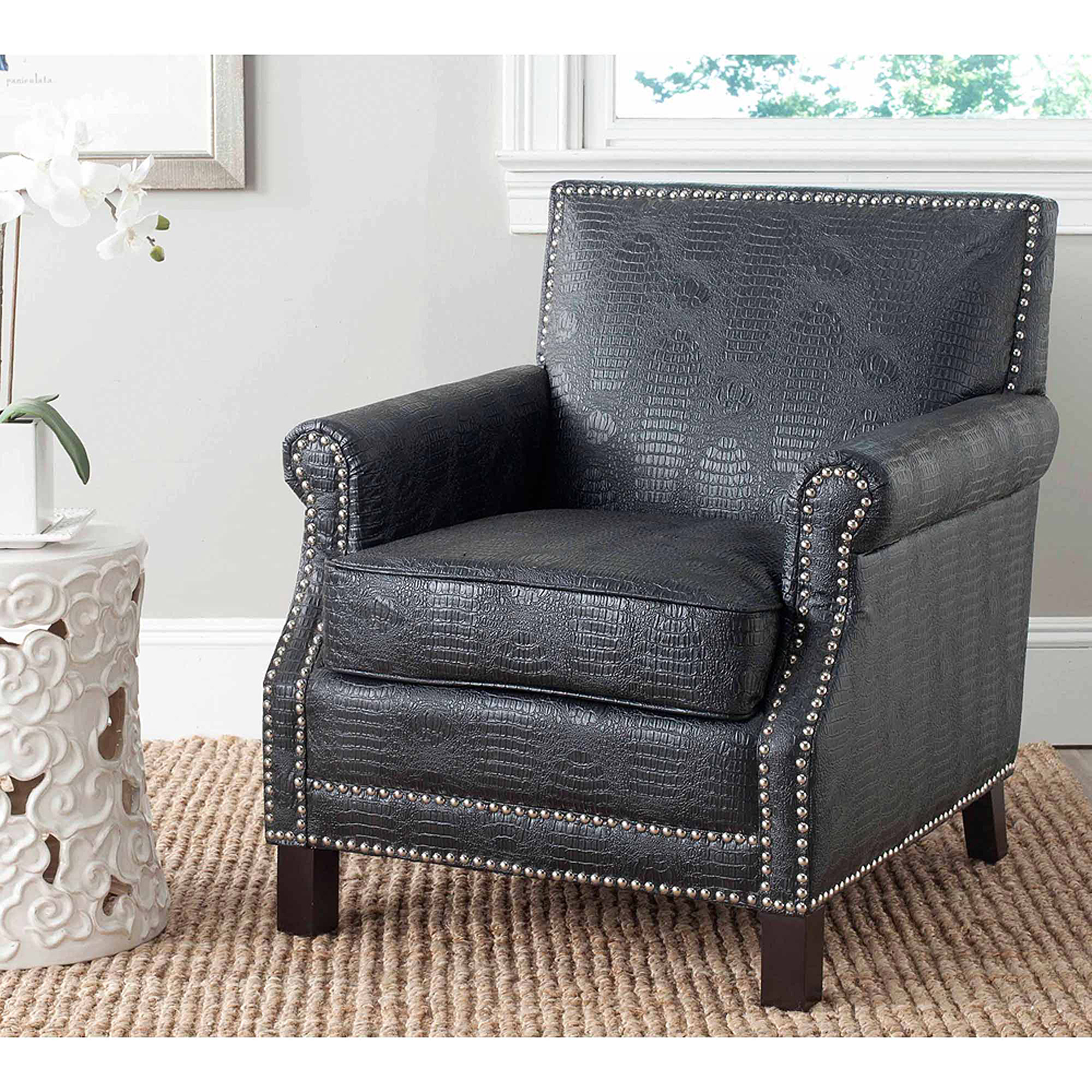 SAFAVIEH Easton Rustic Glam Upholstered Club Chair w/ Nailheads, Black Crocodile - image 1 of 4