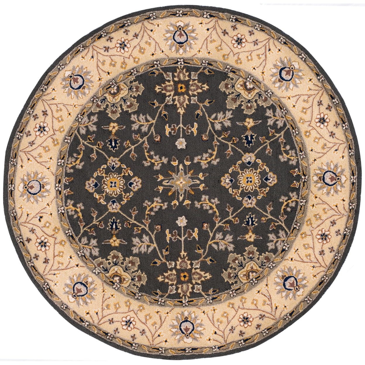 Grey and Cream Floral Round Synthetic Area Rug, 8'