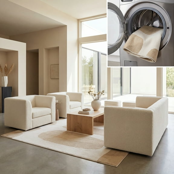 SAFAVIEH Easy Care Anabel Abstract Machine Washable Area Rug, Beige/Ivory, 6' x 6' Square