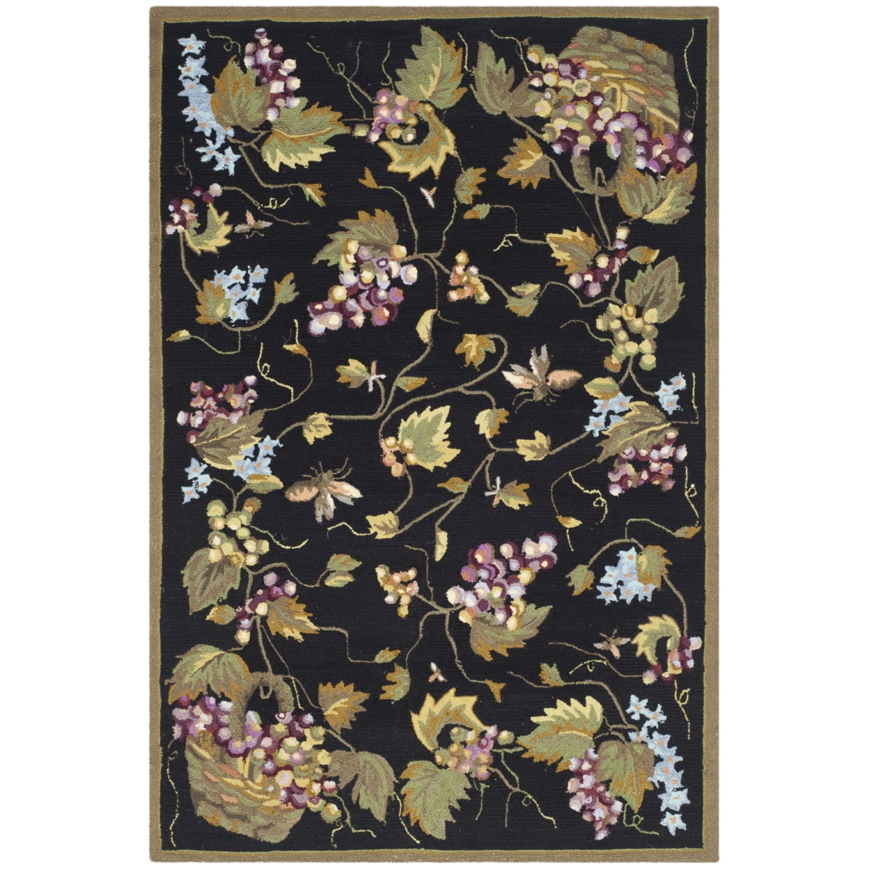 Reversible Black Floral Hand-Knotted Easy Care 4' x 6' Rug