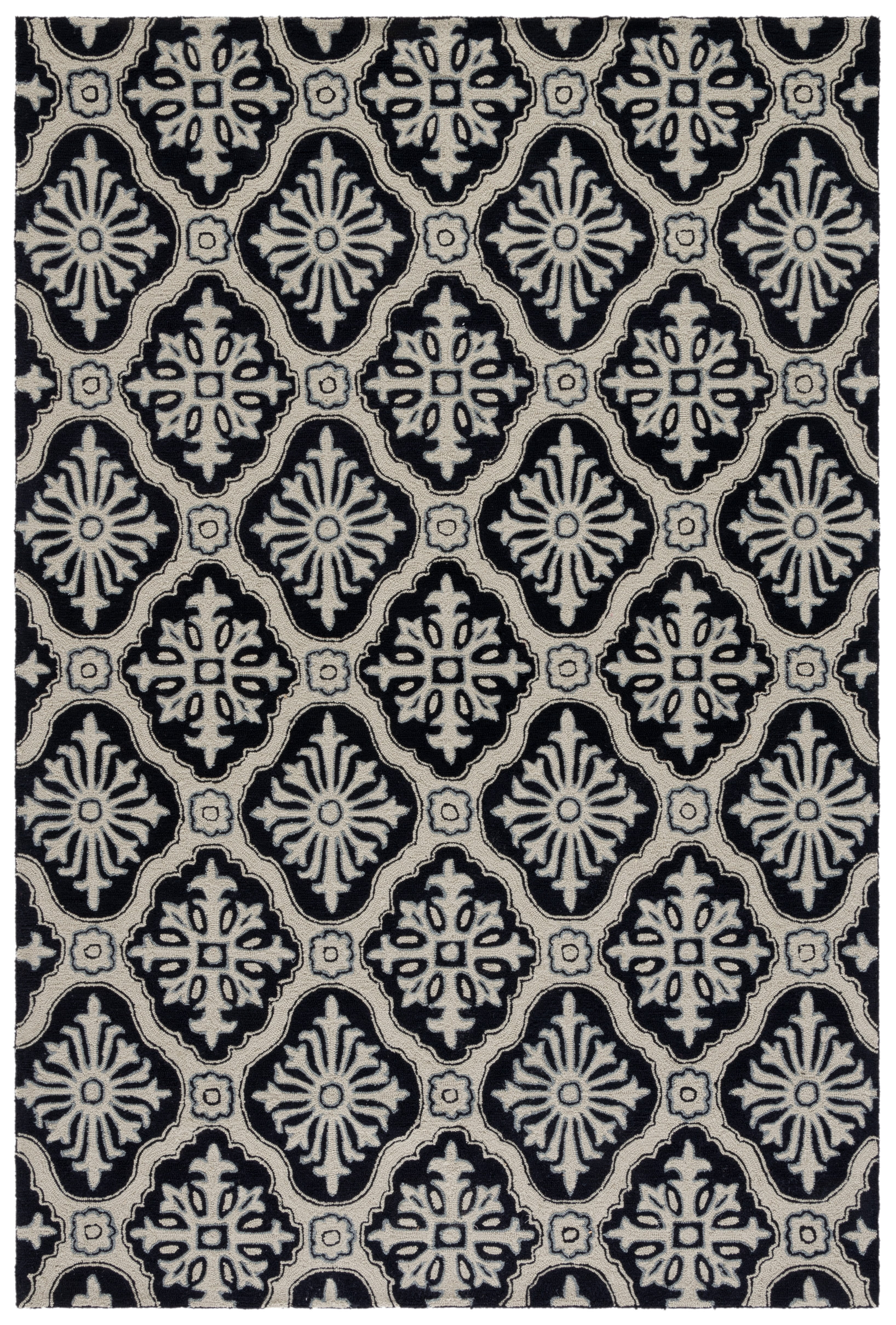 Black and Cream Hand-Hooked Geometric Area Rug 5' x 8'