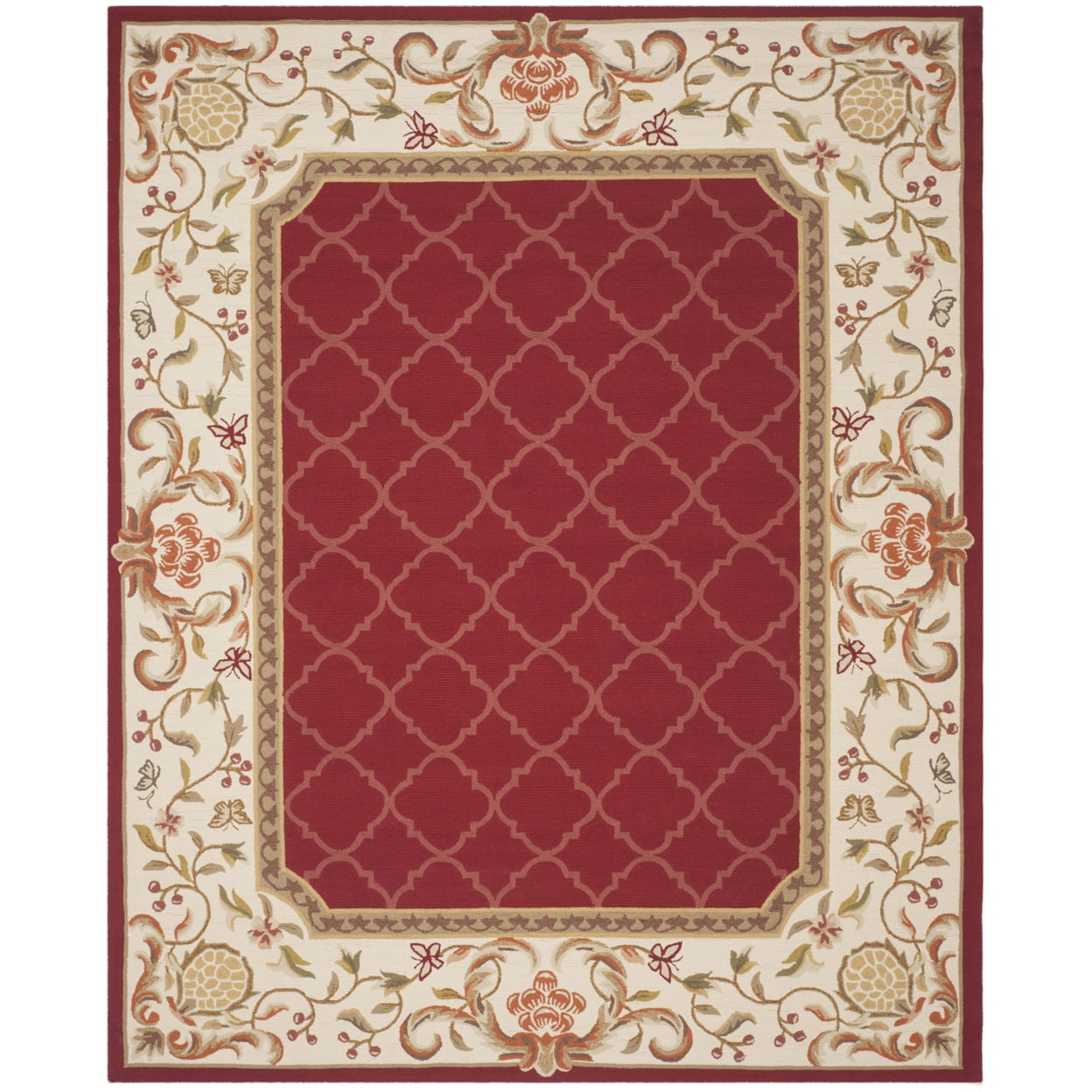 Burgundy and Ivory Hand-Hooked Wool Area Rug, 8' x 10'