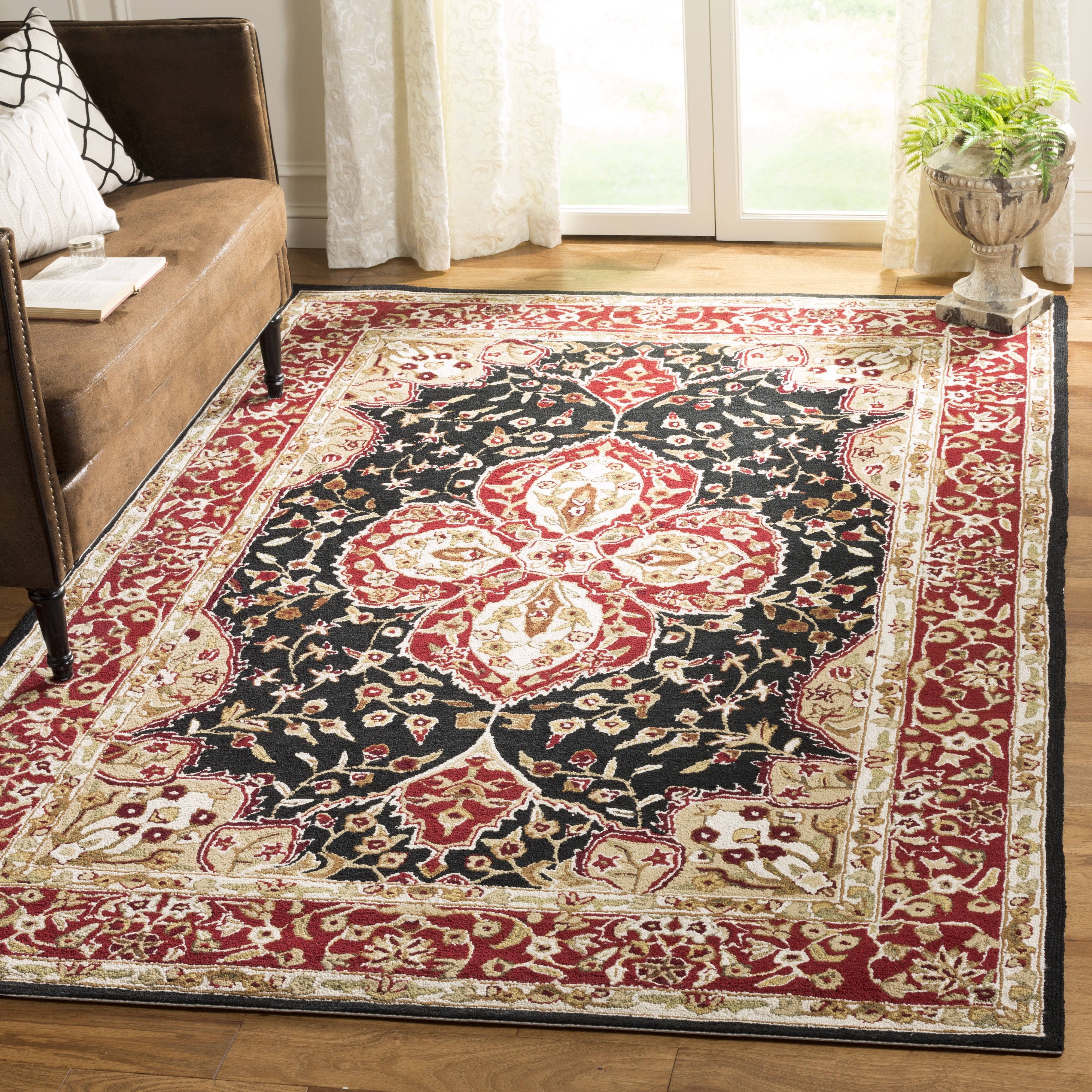 Handmade Black and Red Wool Synthetic 4' x 6' Reversible Area Rug