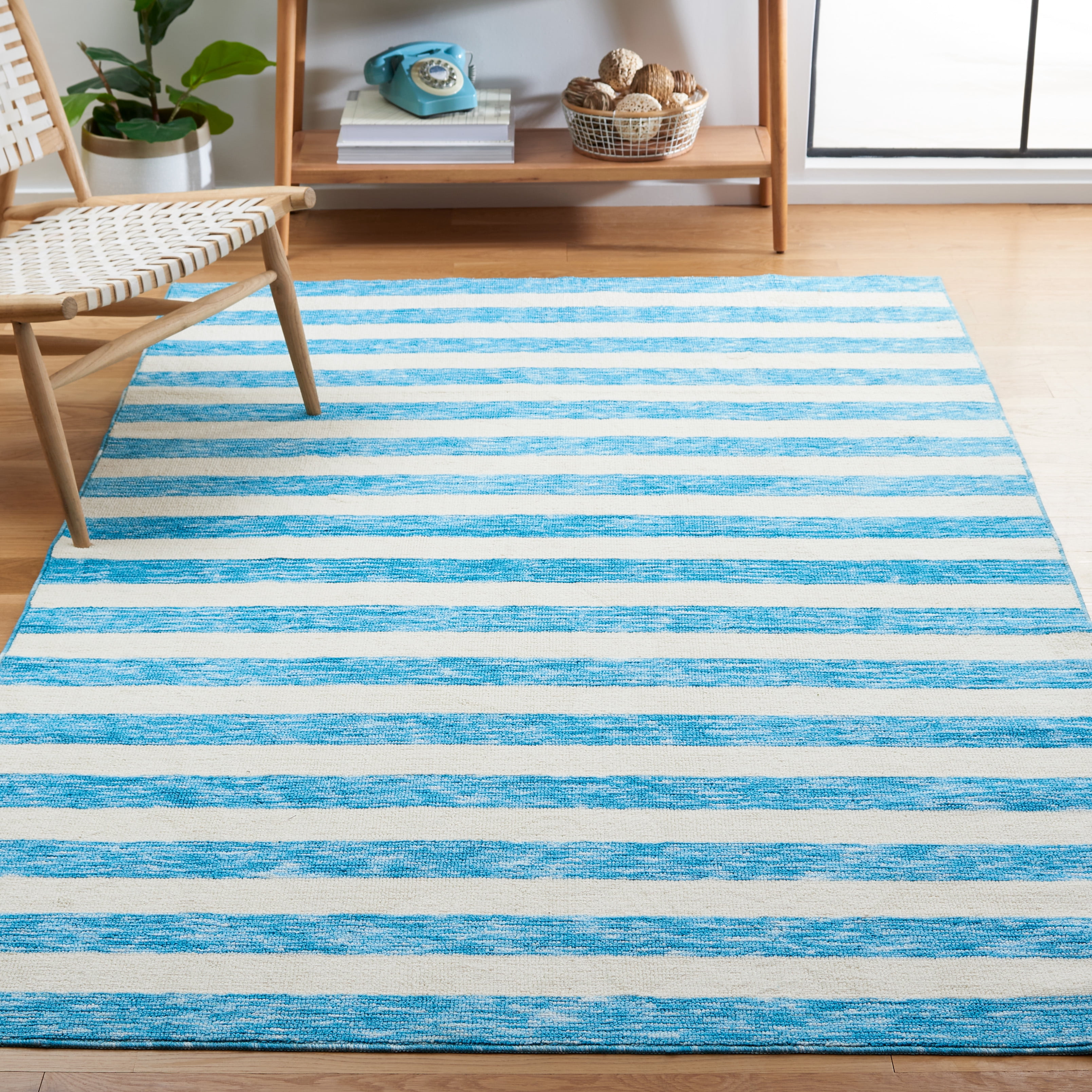 Safavieh Easy Care Fergal Striped Polyester Machine Washable Area Rug, Blue/Ivory, 4' x 6'