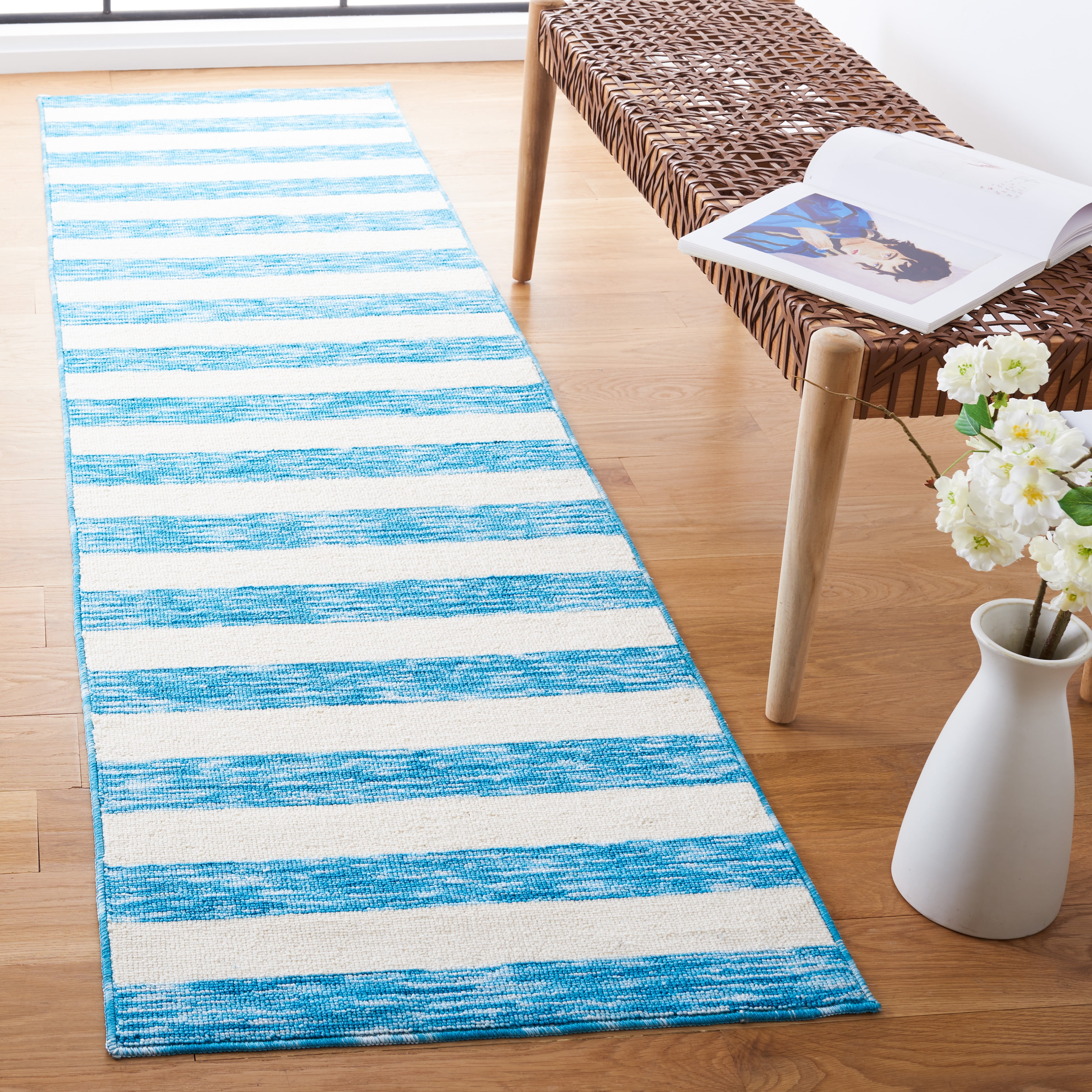 Safavieh Easy Care Fergal Striped Polyester Machine Washable Runner Rug, Blue/Ivory, 2'3" x 8'