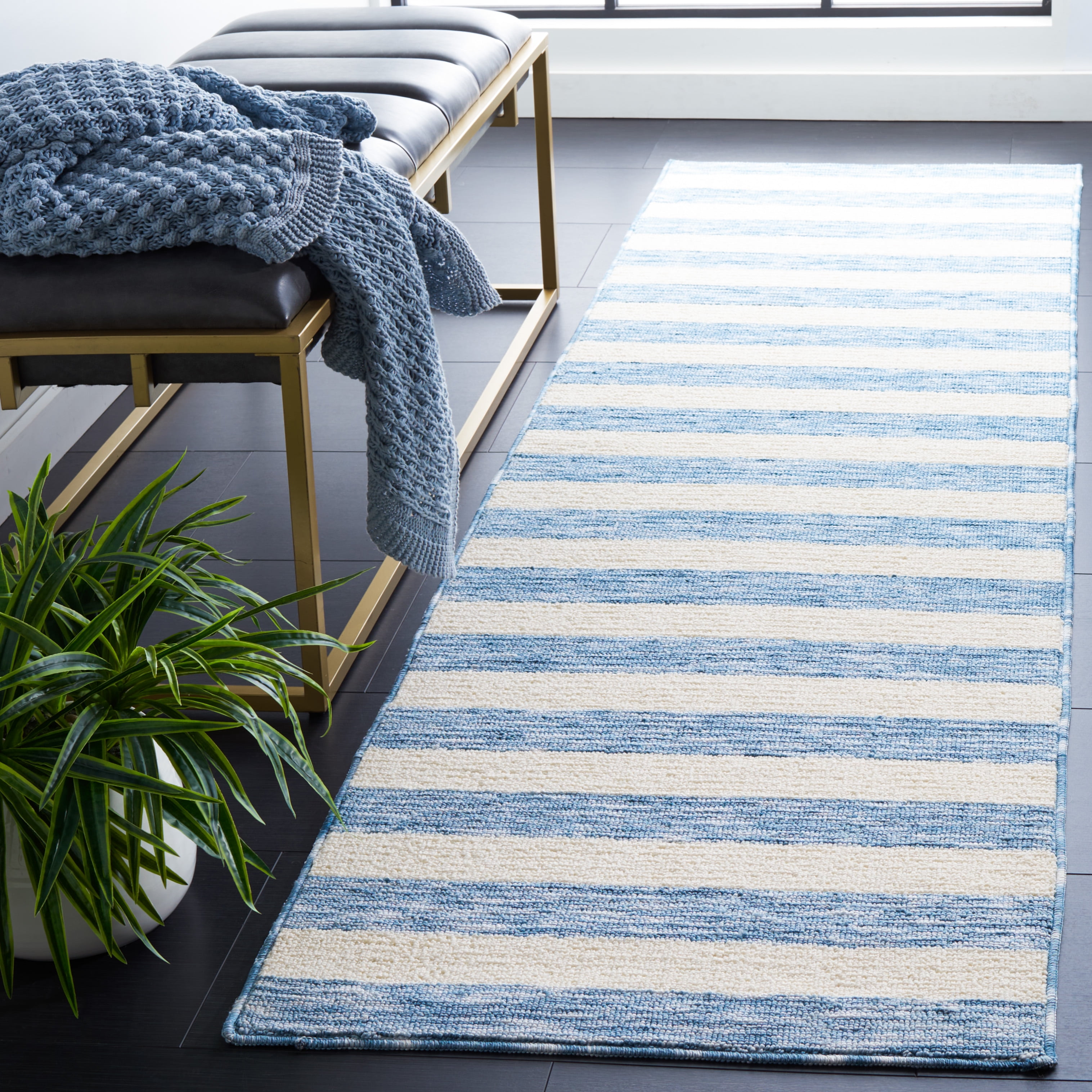 Safavieh Easy Care Fergal Striped Polyester Machine Washable Runner Rug, Light Blue/Ivory, 2'3" x 12'