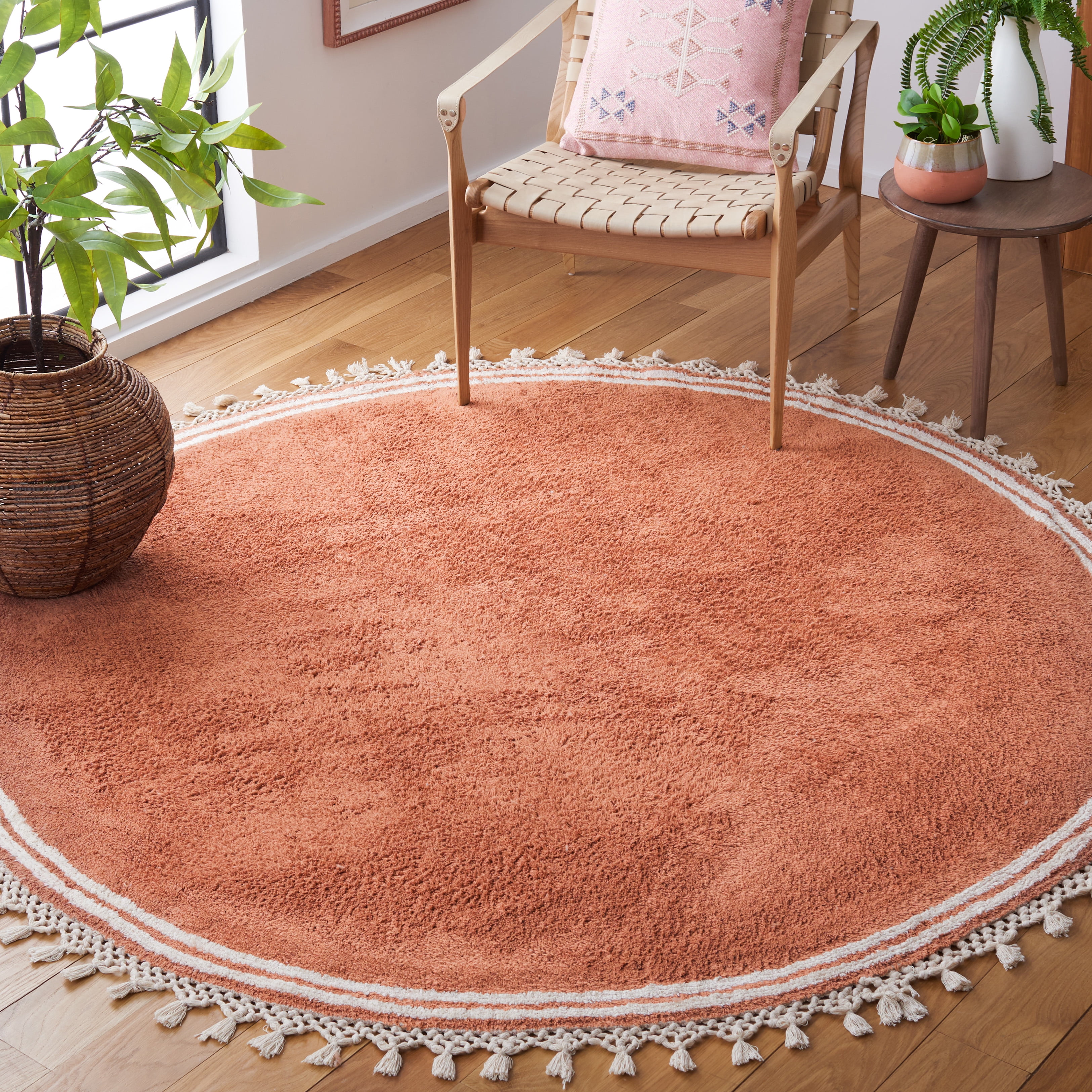 Safavieh Easy Care Hepburn Solid Cotton Machine Washable Area Rug, Rust/Ivory, 7' x 7' Round