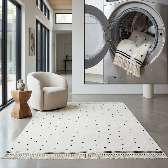 SAFAVIEH Easy Care Leptis Polka Dot Cotton Machine Washable Area Rug, Ivory/Black, 6' x 9'