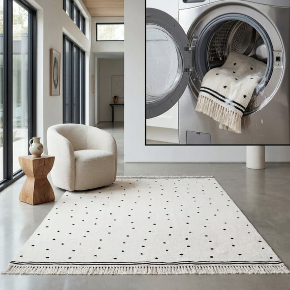 SAFAVIEH Easy Care Leptis Polka Dot Cotton Machine Washable Area Rug, Ivory/Black, 8' x 8' Square
