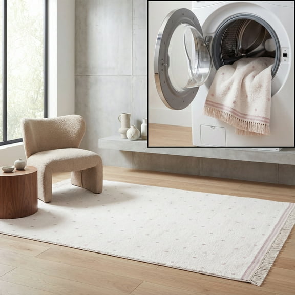SAFAVIEH Easy Care Leptis Polka Dot Cotton Machine Washable Area Rug, Ivory/Pink, 8' x 8' Square