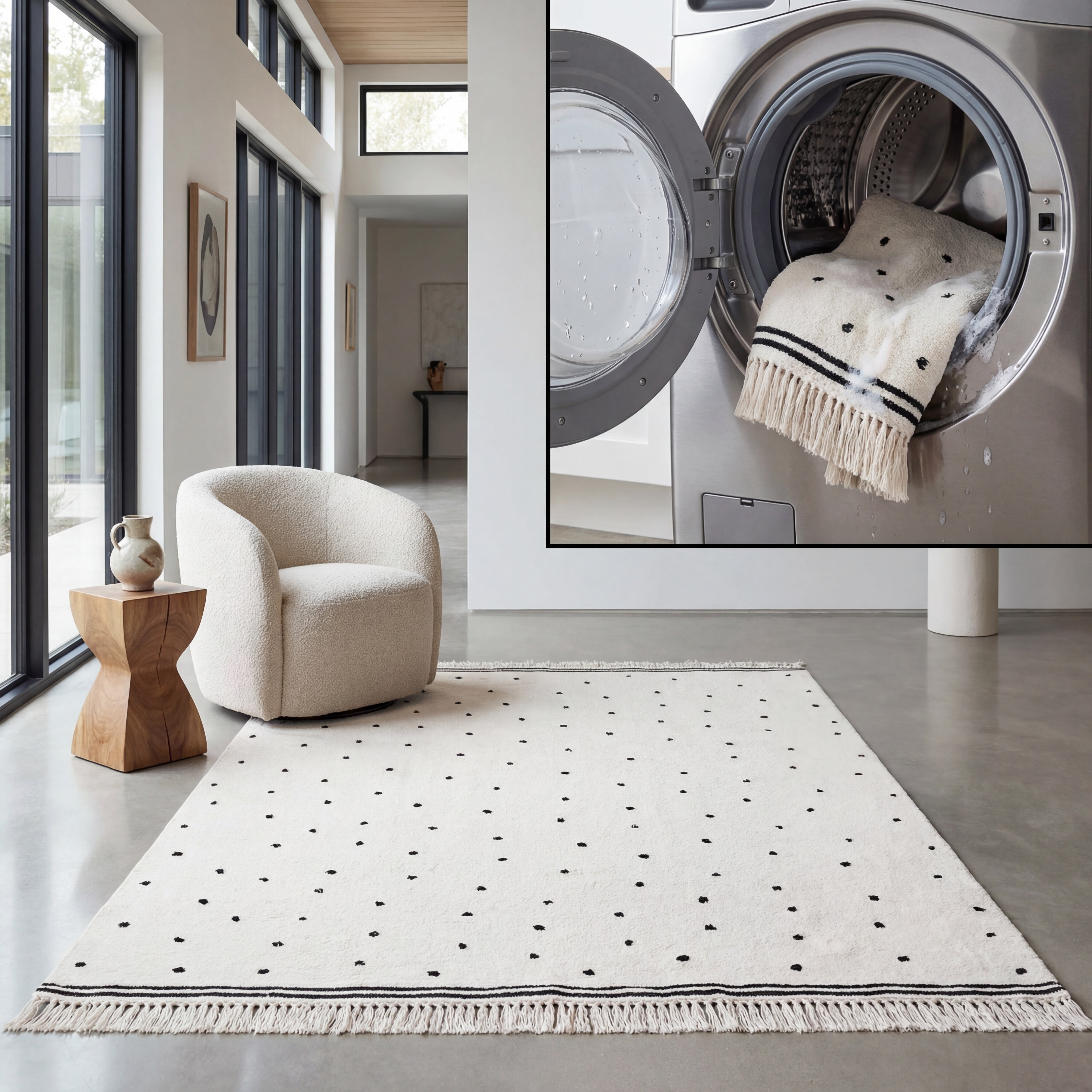 SAFAVIEH Easy Care Leptis Polka Dots Area Rug, 3' x 5', Ivory/Black