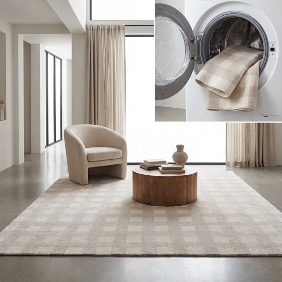 SAFAVIEH Easy Care Maggie Plaid Area Rug, Ivory/Beige, 6' x 9'