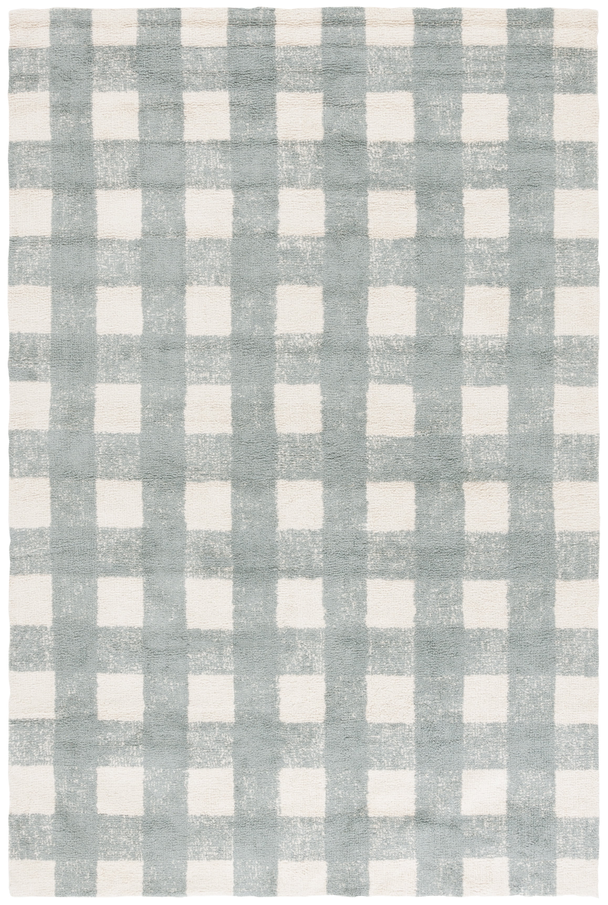 Ivory and Teal Cotton Plaid 5' x 8' Washable Area Rug