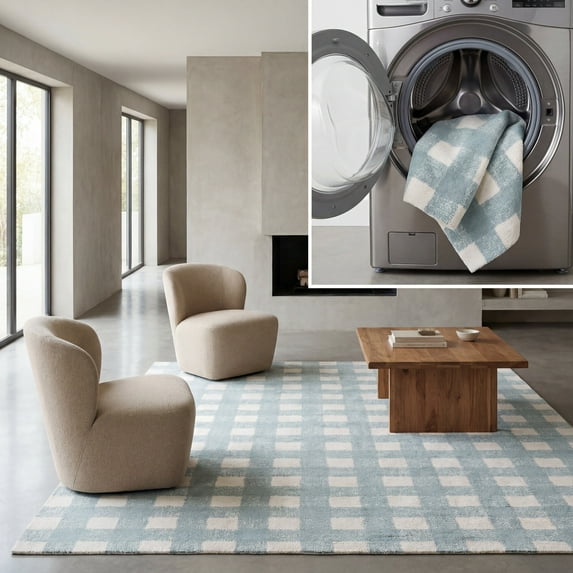 SAFAVIEH Easy Care Maggie Plaid Area Rug, Ivory/Teal, 5' x 8'