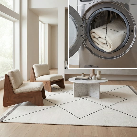 SAFAVIEH Easy Care Myrtle Cross Cotton Machine Washable Area Rug, Ivory/Black, 5' x 8'