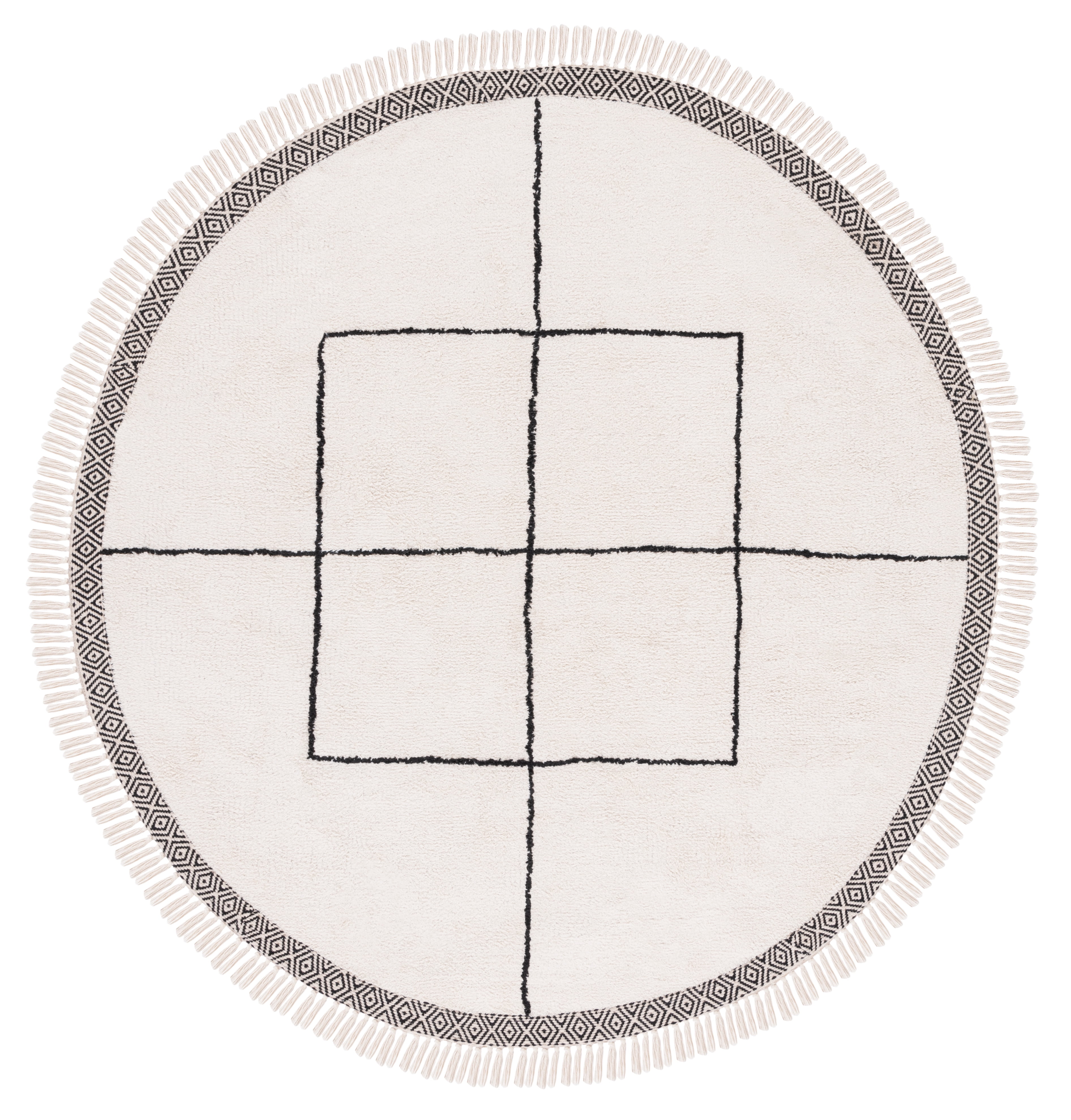 SAFAVIEH Easy Care Myrtle Cross Cotton Machine Washable Area Rug, Ivory/Black, 6' x 6' Round