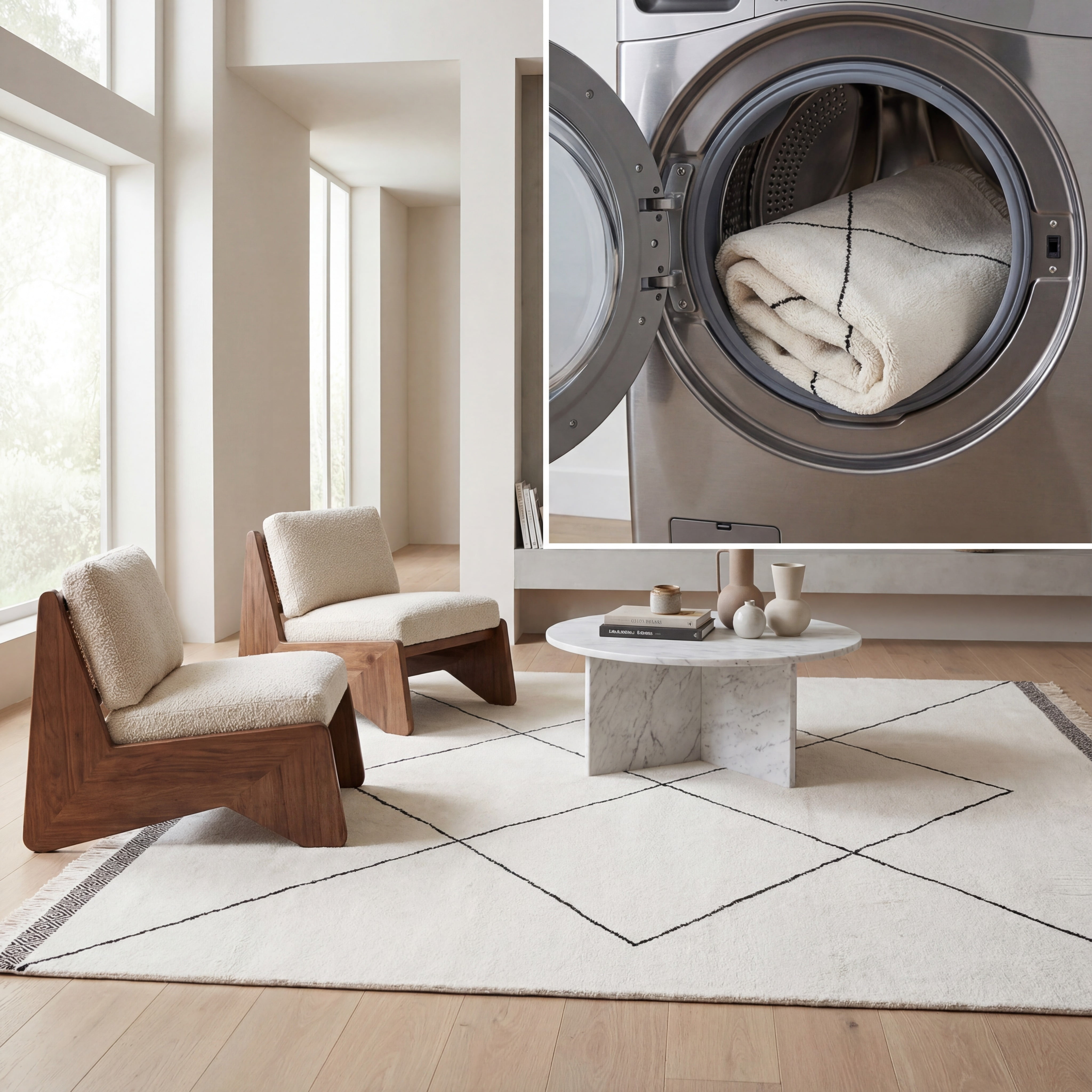 SAFAVIEH Easy Care Myrtle Cross Cotton Machine Washable Area Rug, Ivory/Black, 8' x 8' Square