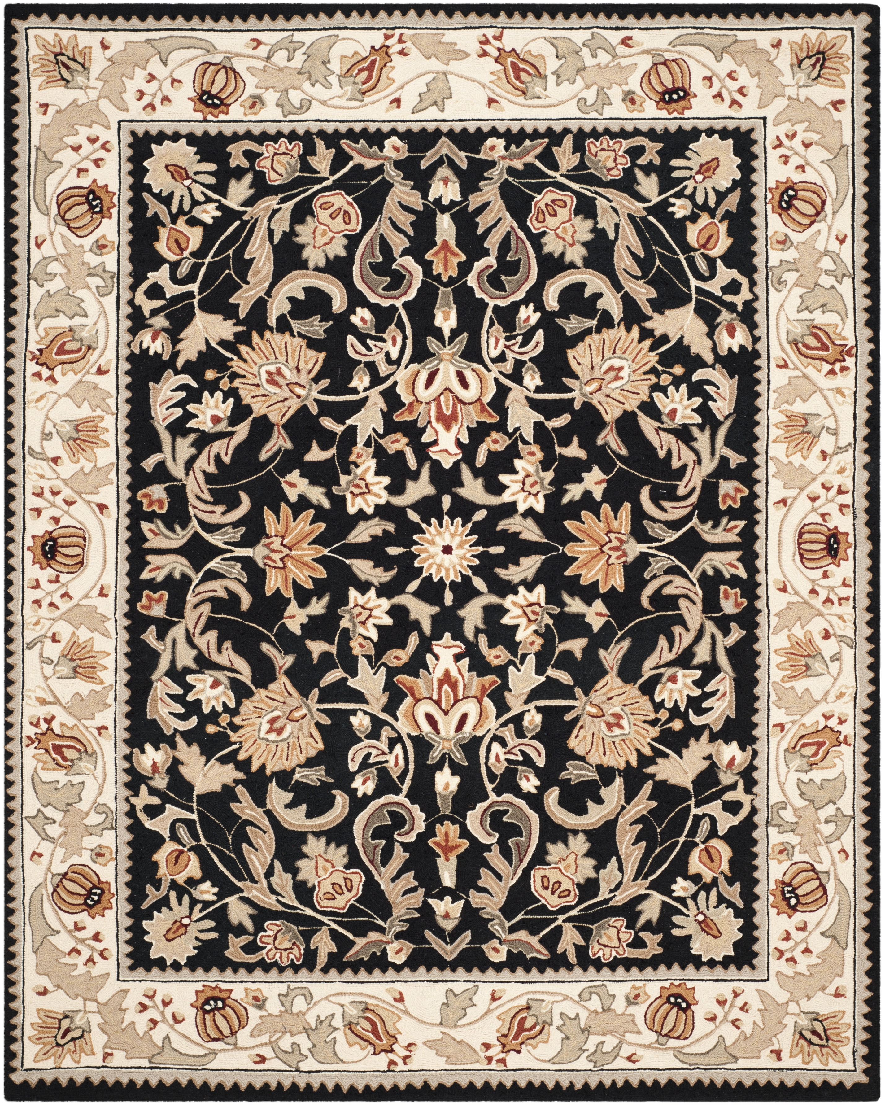 Floral Elegance Reversible Black/Ivory Synthetic Area Rug, 9' x 12'