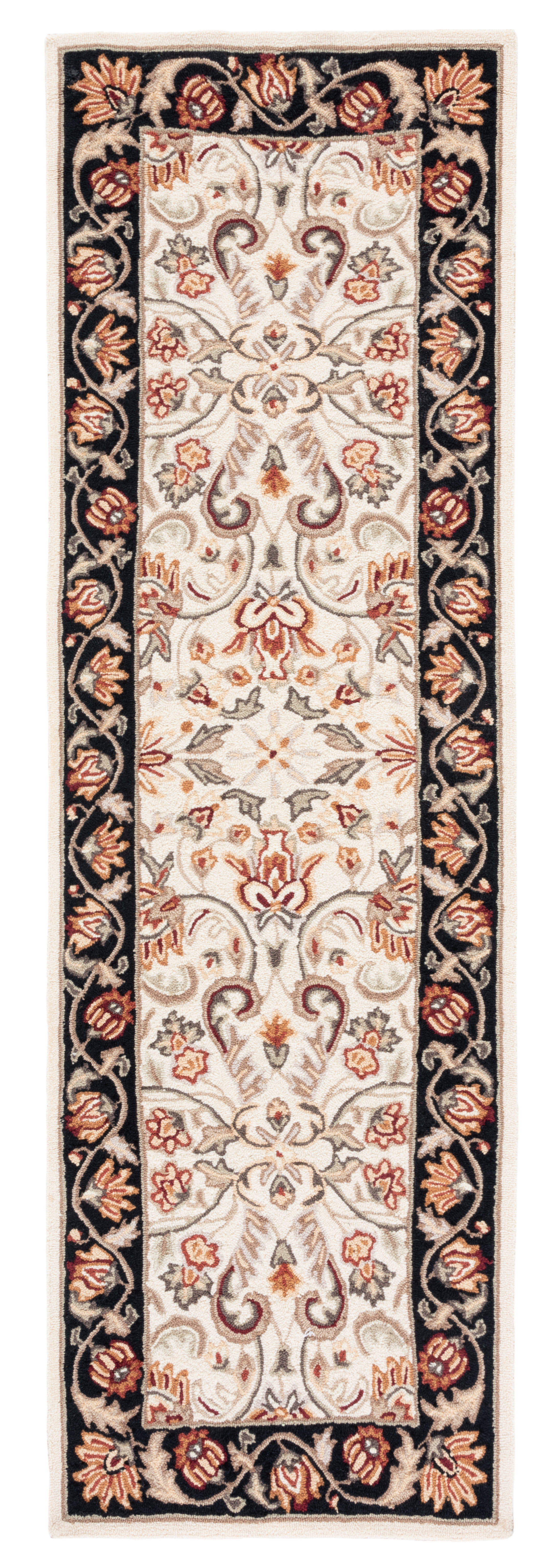 Ivory and Black Hand-Hooked Synthetic Runner Rug
