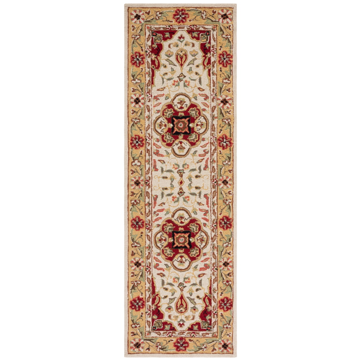 Hand Hooked Cream and Red Synthetic Runner Rug - 2'6" x 10'