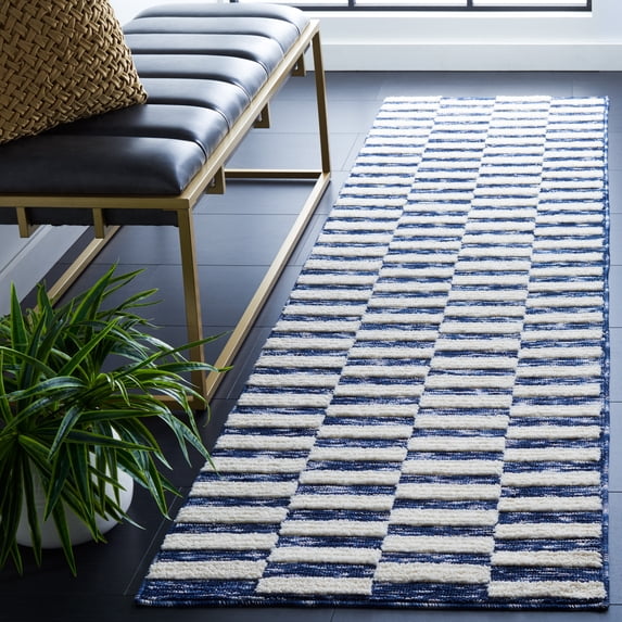 Safavieh Easy Care Tunisia Checkered Polyester Machine Washable Runner Rug, Navy/Ivory, 2'3" x 8'