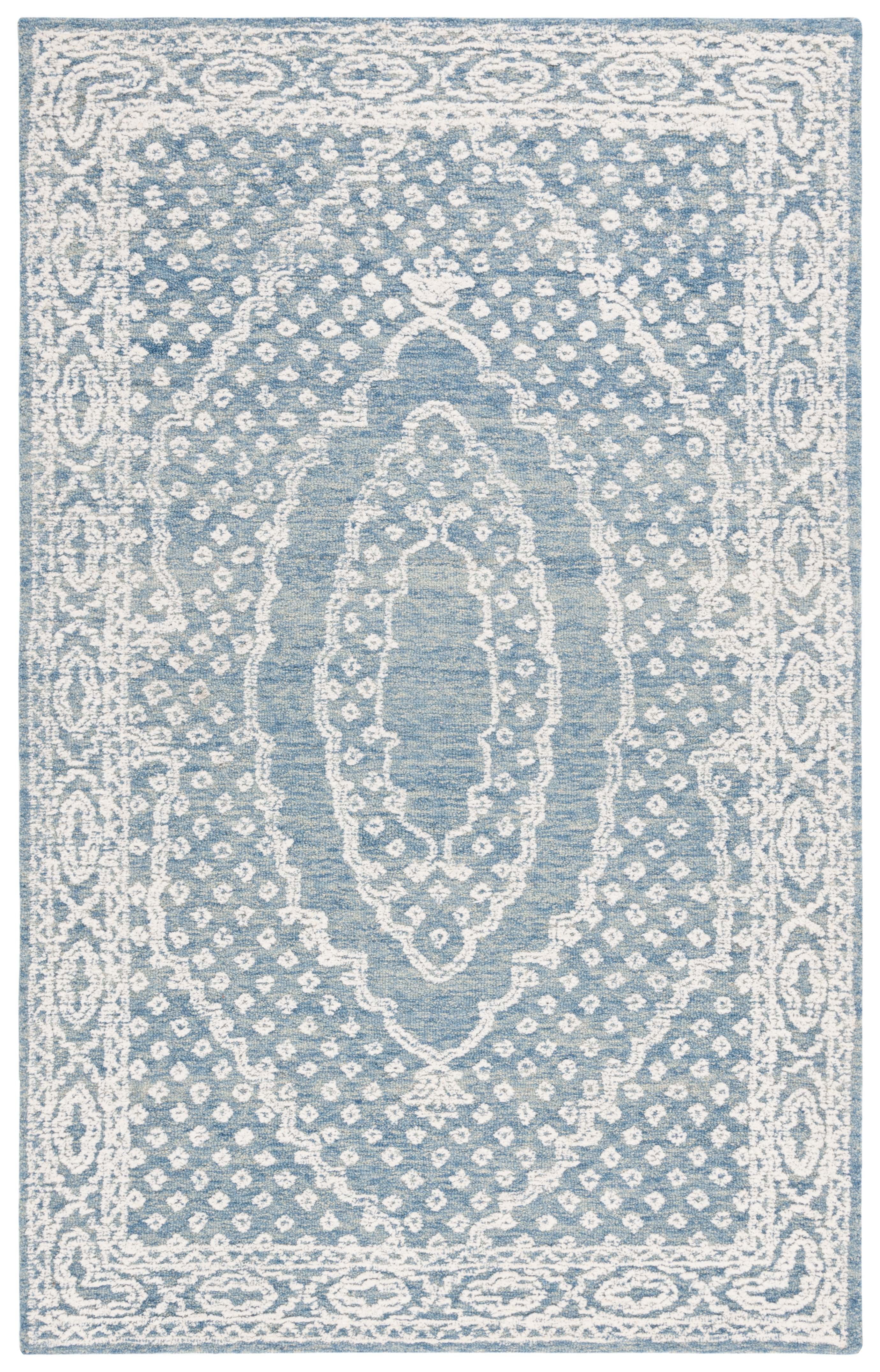 Ivory and Navy Tufted Handmade Wool Area Rug, 6' x 9'