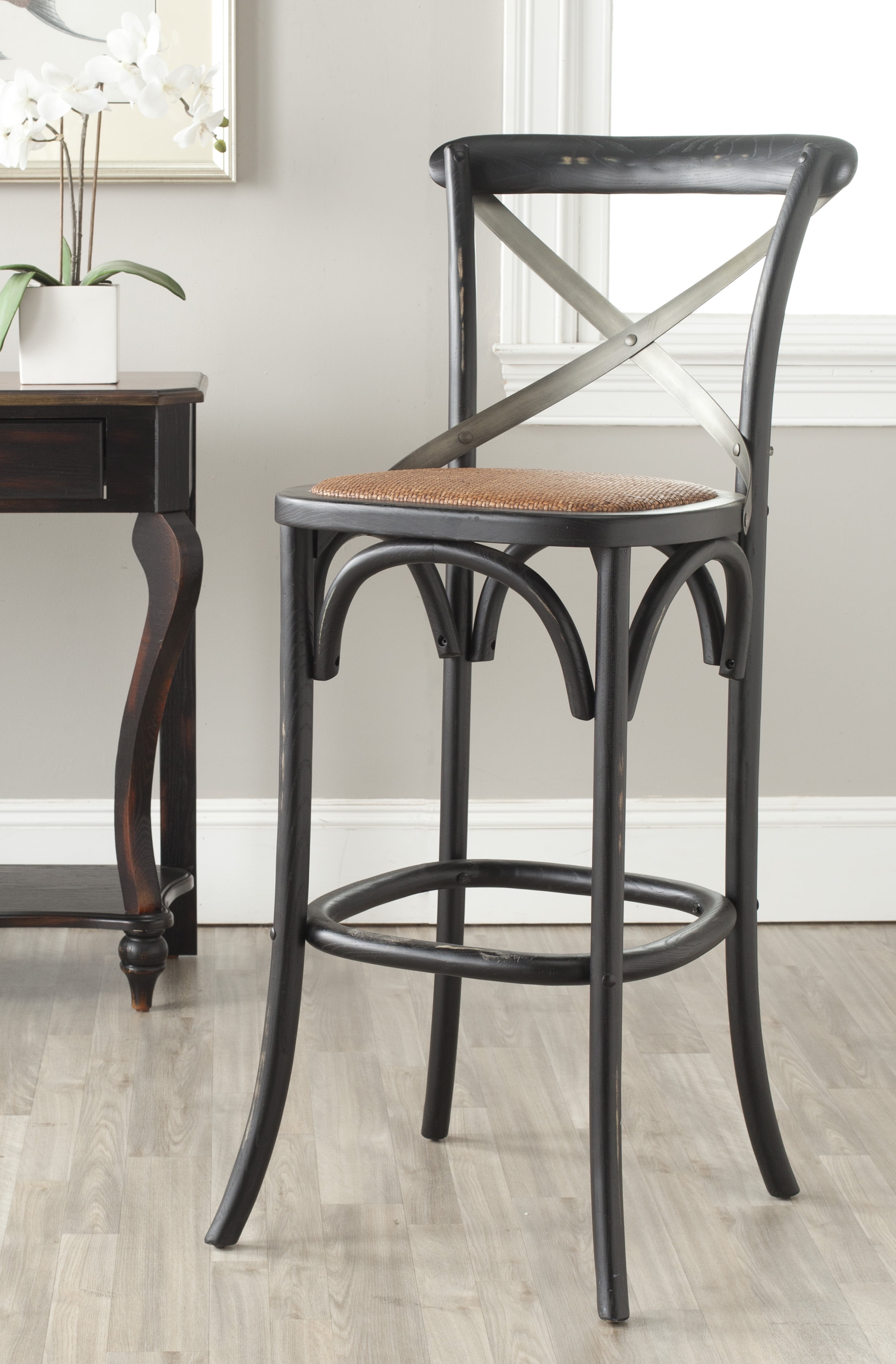 SAFAVIEH Eleanor X-Back Rustic Bistro Bar Stool with Footrest, Distressed Hickory