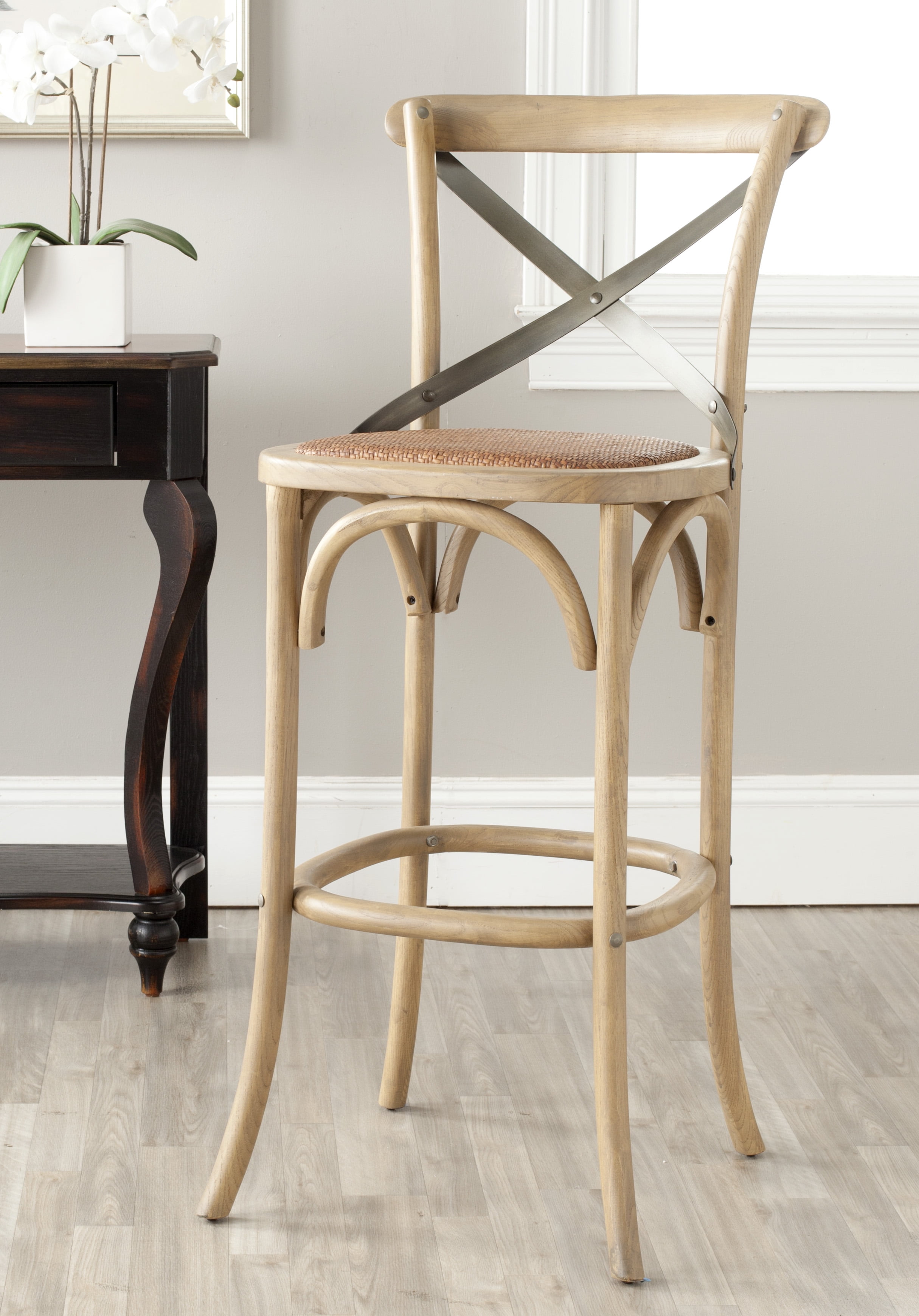 SAFAVIEH Eleanor X-Back Rustic Bistro Bar Stool with Footrest, Weathered Oak