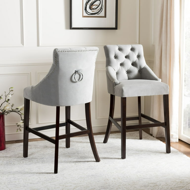 SAFAVIEH Eleni 30 in. H Tufted Wing Back Bar Stool with Ring Grey Set of 2