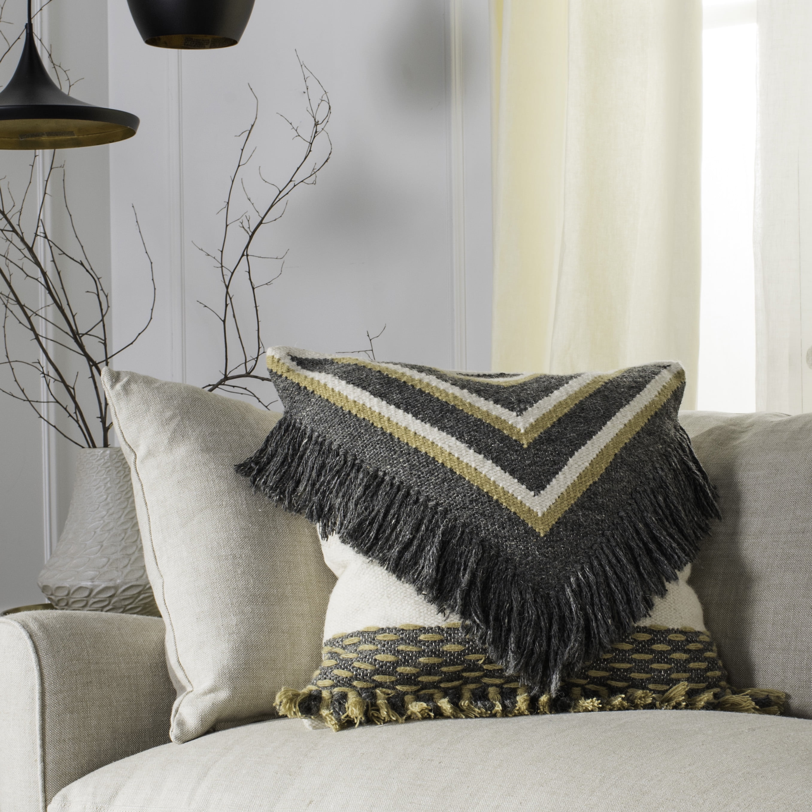 Contemporary Nomadic Motif 20" Square Pillow in Gray and Gold