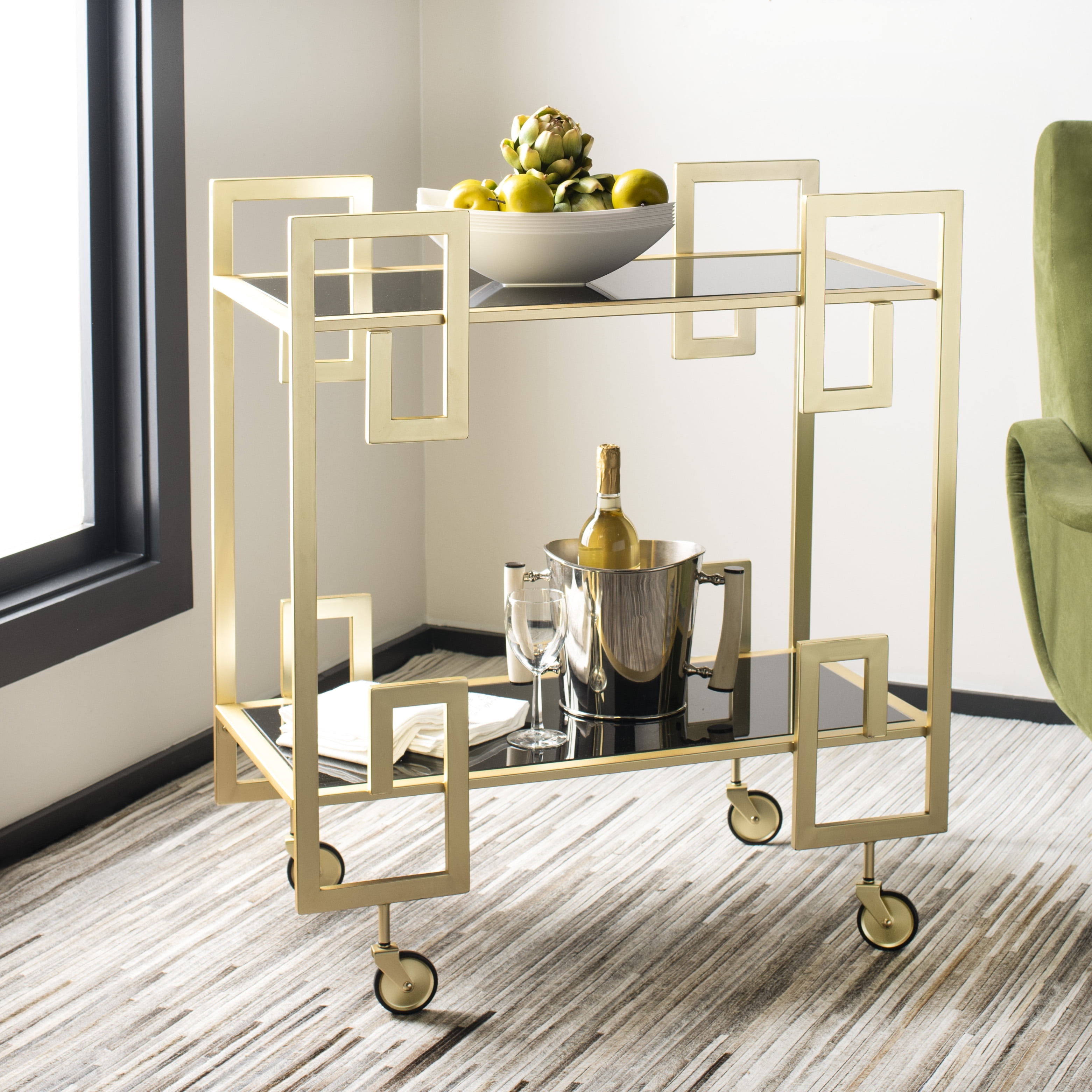 Eliza Brass and Black Glass 2-Tier Bar Cart with Latticework