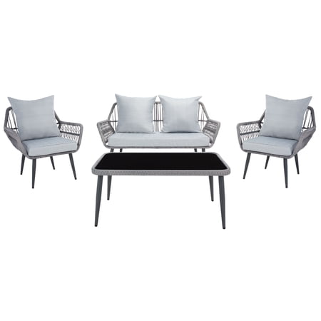 SAFAVIEH Elsbeth Outdoor Patio 4 Piece Conversation Set, Grey
